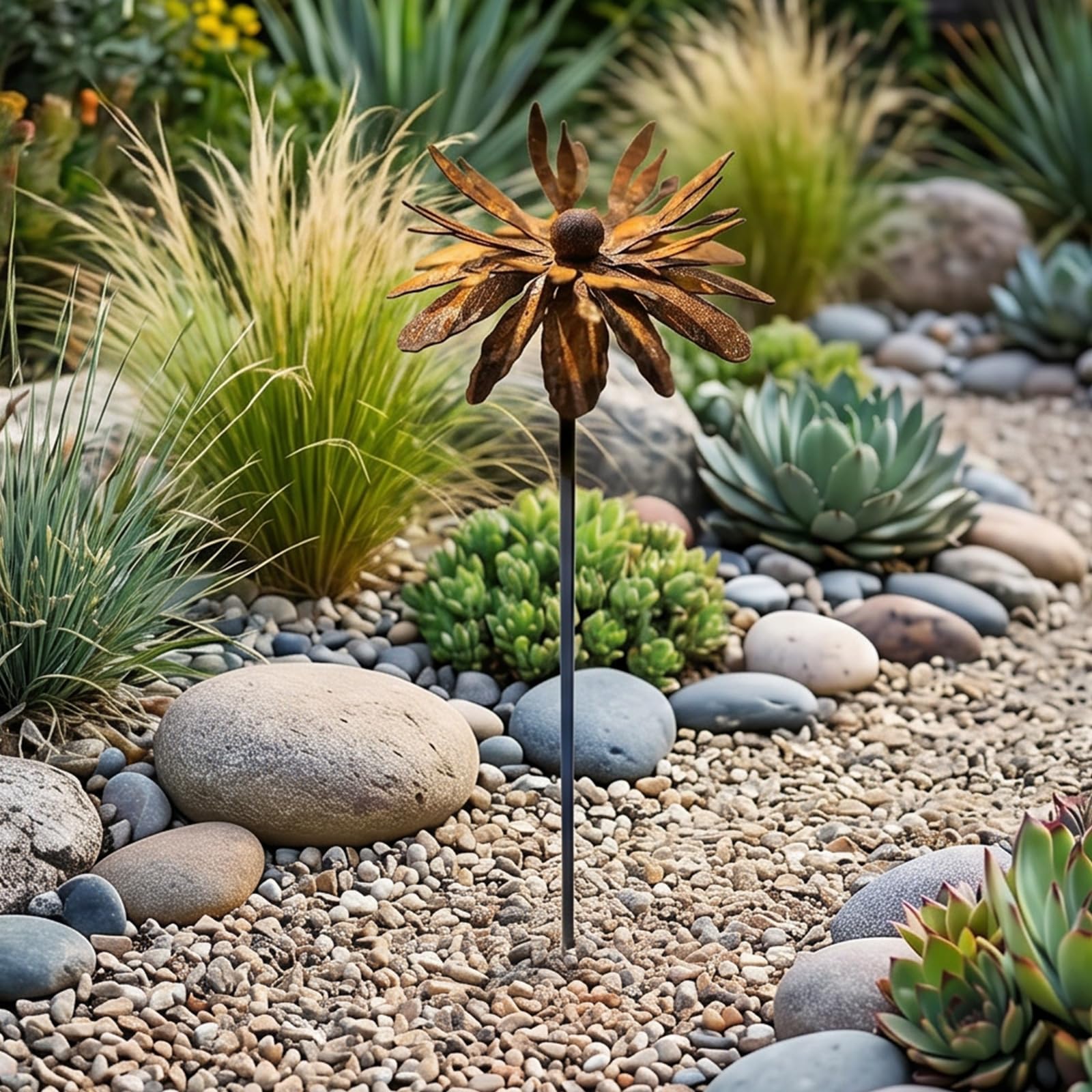 CRGANGZY Rustic Metal Coneflower Garden Stakes, 12 Inch Metal Flower Garden Stakes, Vintage Rusty Cornflower Statues Stake for Lawns Yard Patio Home Farmhouse Decoration