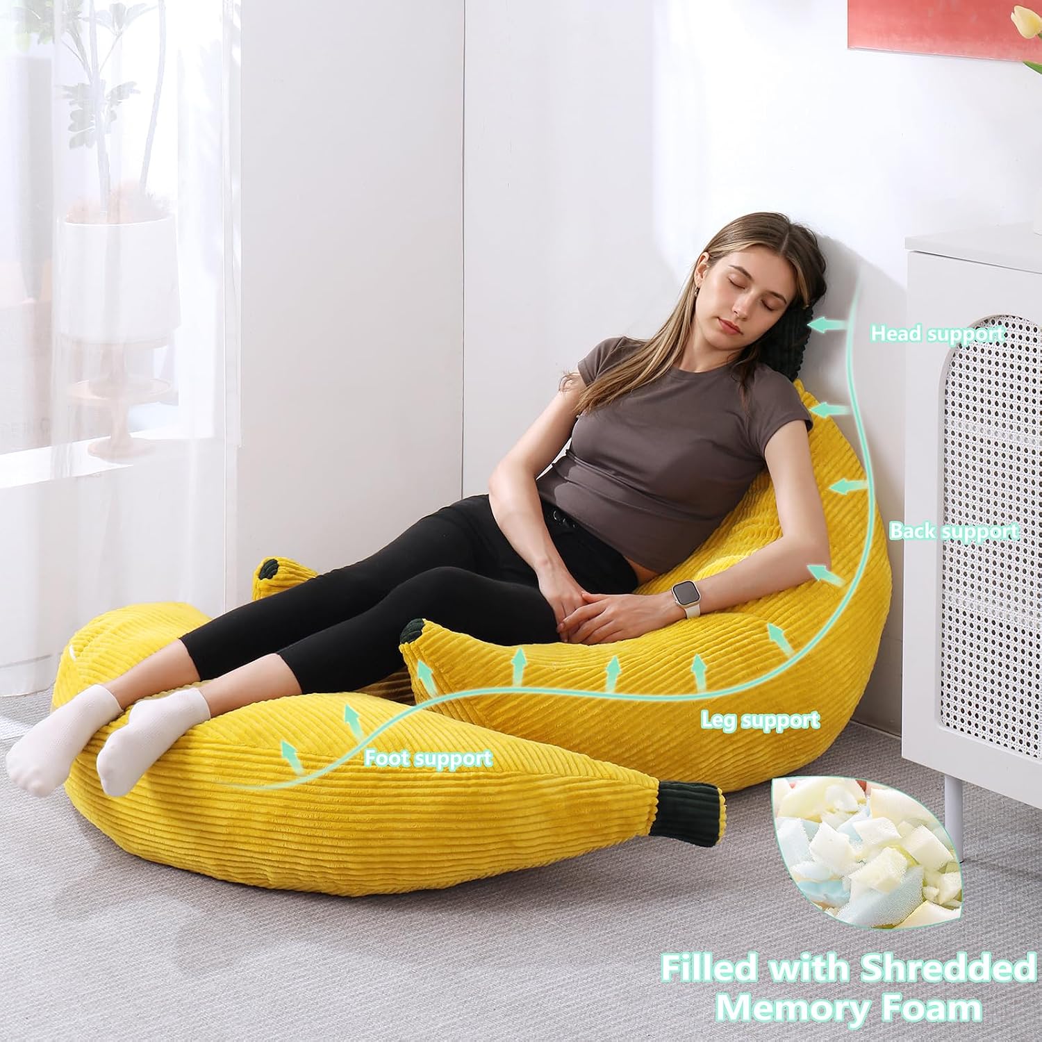 Banana Chaise Lounge Sofa Chair for Living Room, Bean Bag Chair with Ottoman, Floor Sofa Bed with Footrest, Comfy Convertible Lounger, Plush Couch for Bedroom, Dorm (Yellow, Queen)