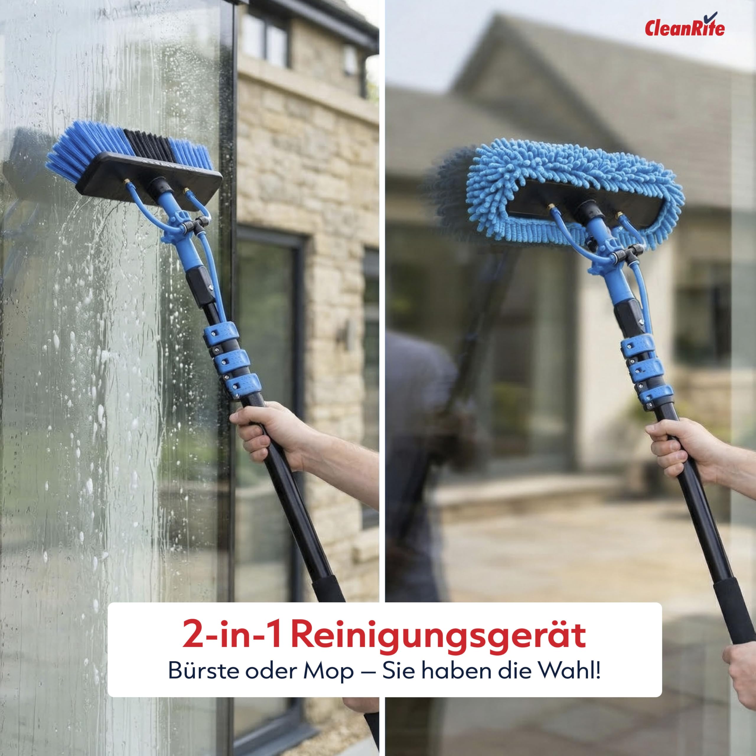 CleanRite® Teleskop Waschbürste 7m extra lang mit Wasseranschluss | Teleskopbürste mit Wasseranschluss | PV Reinigungsbürste Teleskop Set | Terrassendach Reiniger & Dachrinnenreiniger | Schwarz
