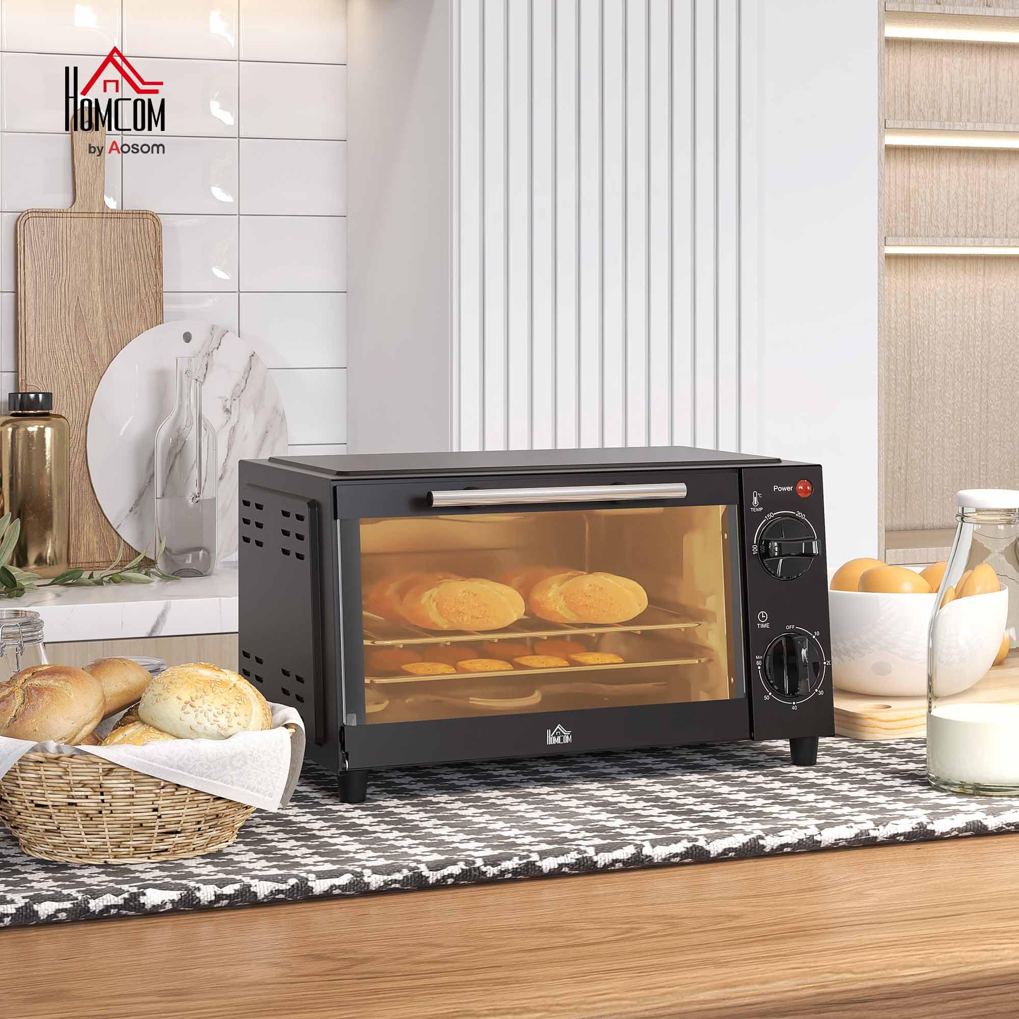 HOMCOM Mini Backofen 9 L 750W 100-230℃ 60 Min. Timer inkl. Backblech, Grillrost, Glas Fenster, Platzsparend Minibackofen Pizza-Ofen, Schwarz
