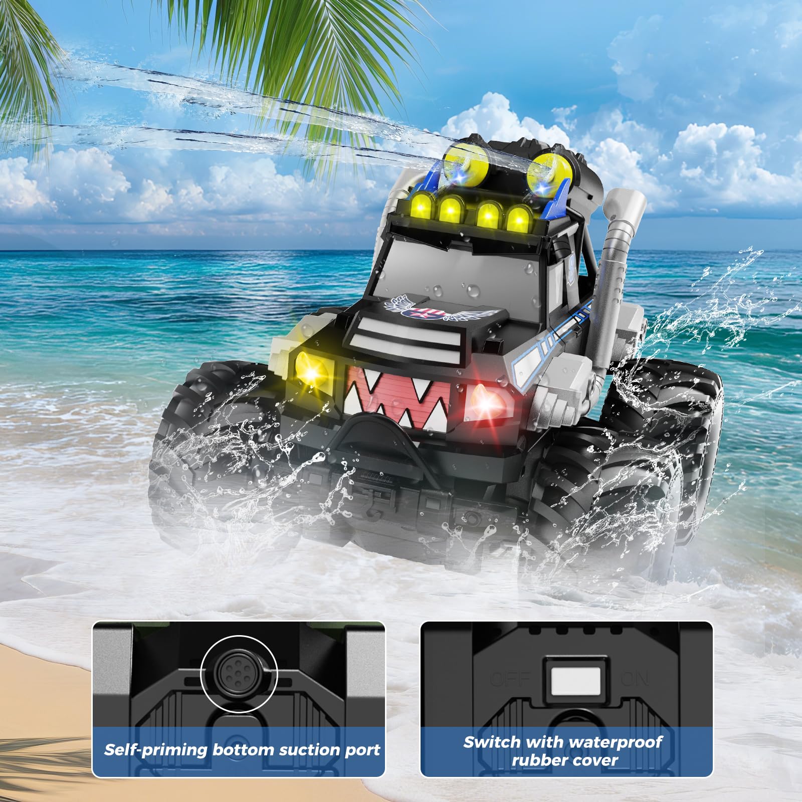 Dysaim Monster Jam Cars Giocattoli, auto radiocomandata anfibia, fuoristrada 4 x 4, 2,4 GHz Drift RC Car regalo per bambini 6 anni, RC Drift Car RC Drift Car per bambini 6 7 8 9 10 11 12 anni