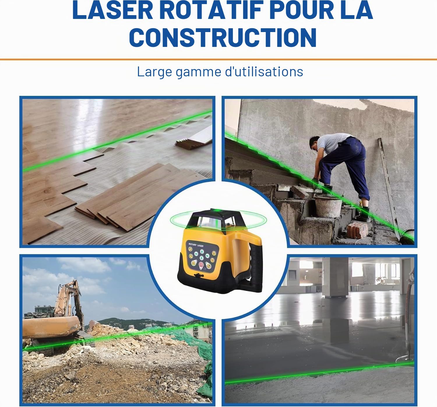 Niveau Laser Rotatif Kit de nivellement laser vert, faisceau vert de 500 m, nivellement laser rotatif automatique à 360° pour la construction, avec télécommande et mallette en aluminium