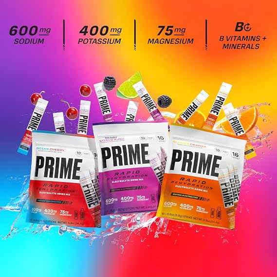 PRIME Rapid Rehydration Electrolyte Powder Sticks, Berry Citrus Rush, Sugar Free Hydration Drink Mix with Sodium, Potassium, Magnesium & B Vitamins to Replenish Fluids, Caffeine Free, 16 Count