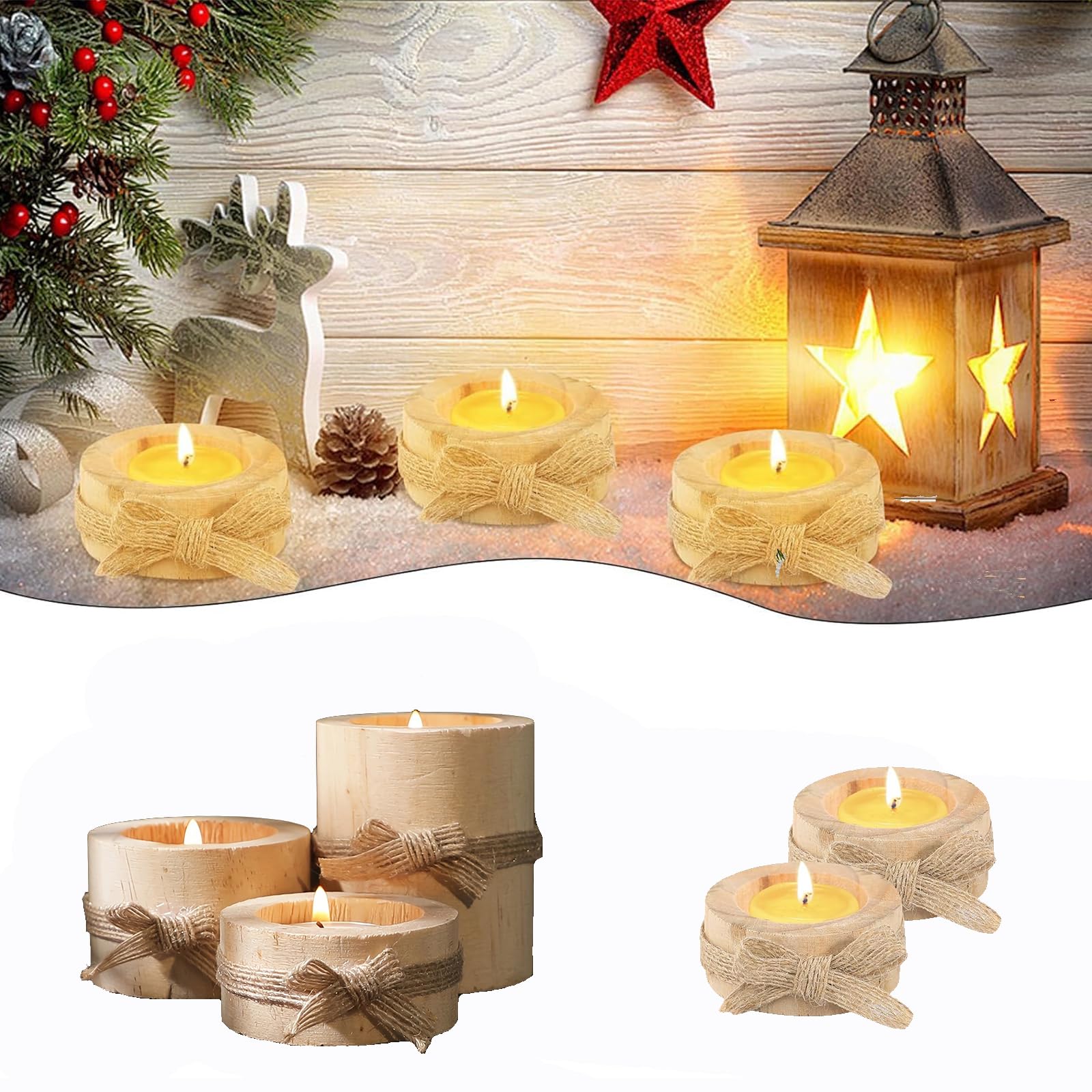 Set van 6 ronde kandelaars van natuurlijk hout, kaarsenhouder, decoratieve kaarsenhouder, natuurlijk hout, kandelaar, voor bruiloft, Kerstmis, verjaardag, woondecoratie (3 maten