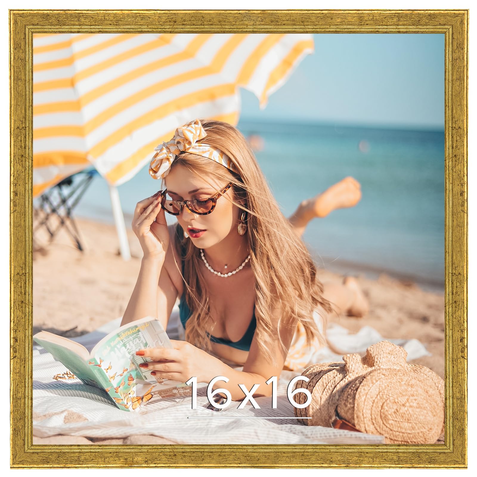 Wood 16x16 Frame Gold, Ornate Natural 16x16in Poster Picture Frame, Modern Golden 16 x 16inch Gallery Wall Photo Frame with HD Plexiglass, Horizontal Vertical Wall Mounting Display 1pcs