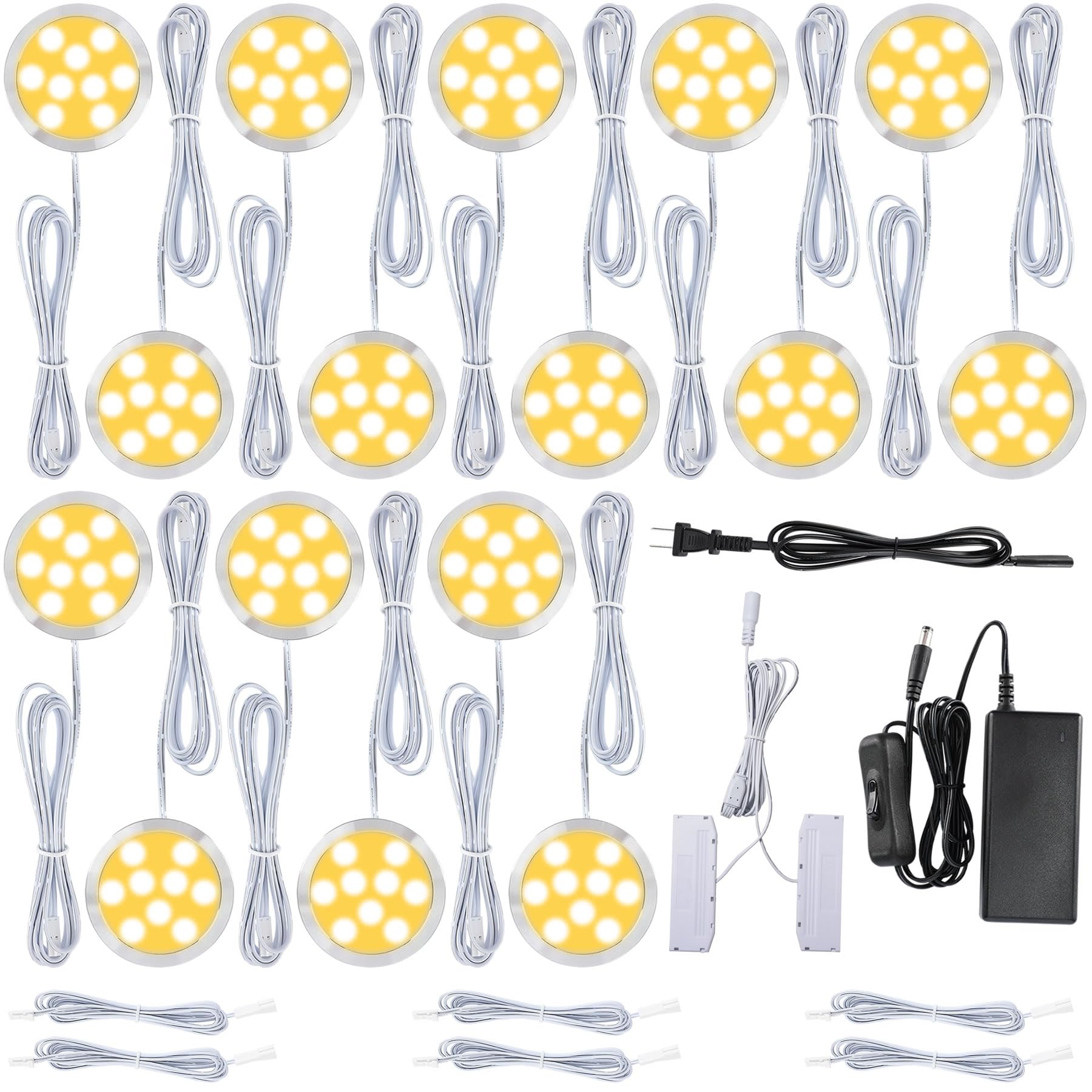 Meigour LED Puck Lights Kit for Under Cabinet Lighting, Octopus Connection, On/Off Switch, Plug in & Hardwired, 120V AC Powered to DC12V, White Cords, 16 Lights, Warm White