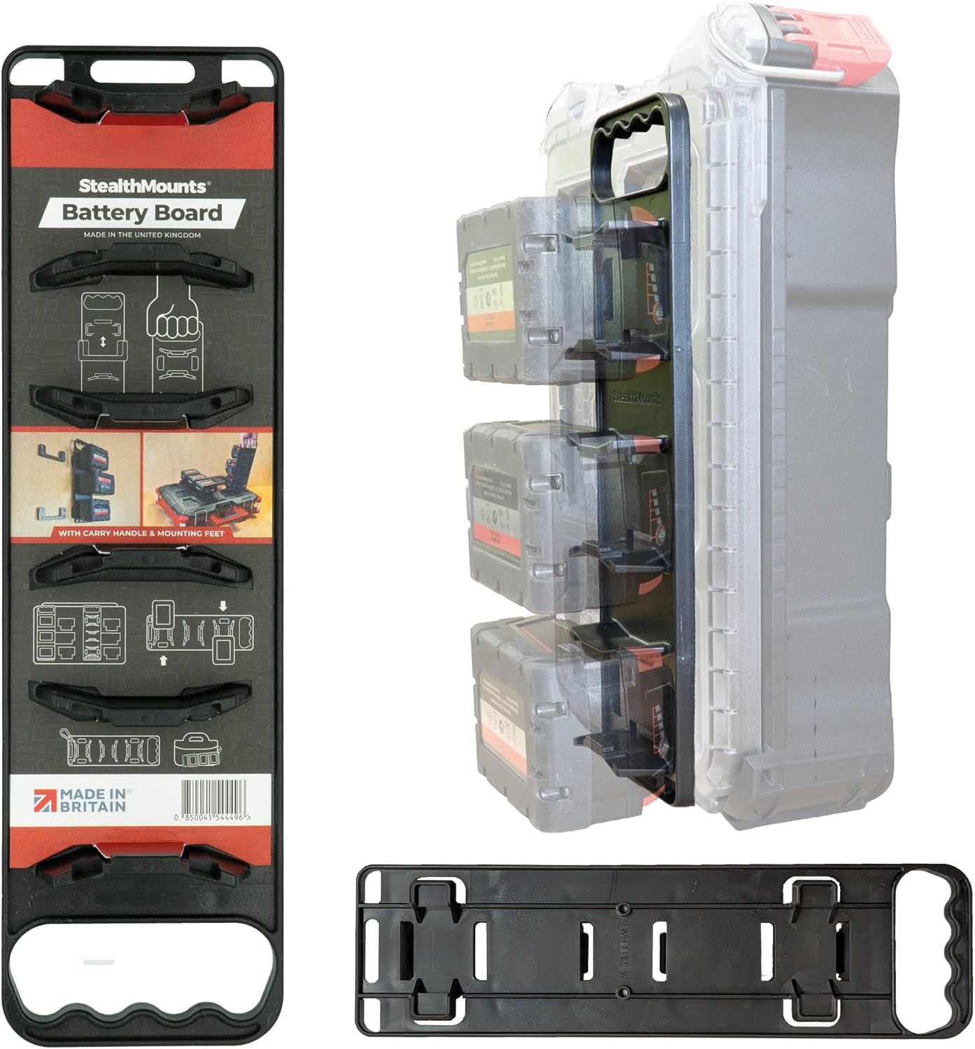 StealthMounts Battery Holder for Packout Compatible with Milwaukee M18 Batteries | StealthMounts Battery Board w/Handle & Feet Compatible with Milwaukee Packout | Made in The UK