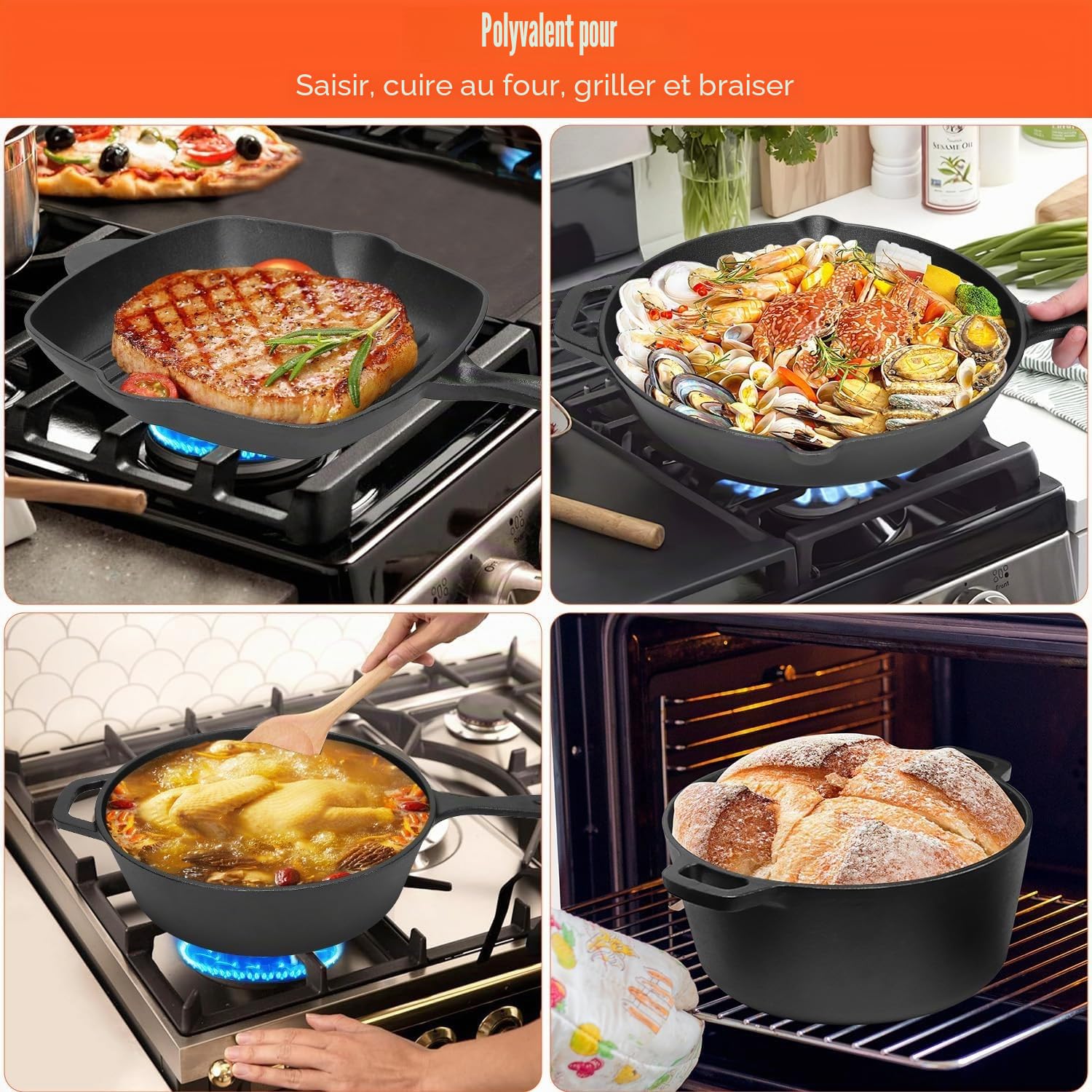GFTIME Lot de 5 ustensiles de cuisine en fonte avec Dutch Oven 5 QT, cocotte 3,2 QT avec couvercle de poêle, poêle à griller 28 cm, poêle à frire 30,5 cm, pour cuisinière, four, barbecue, camping