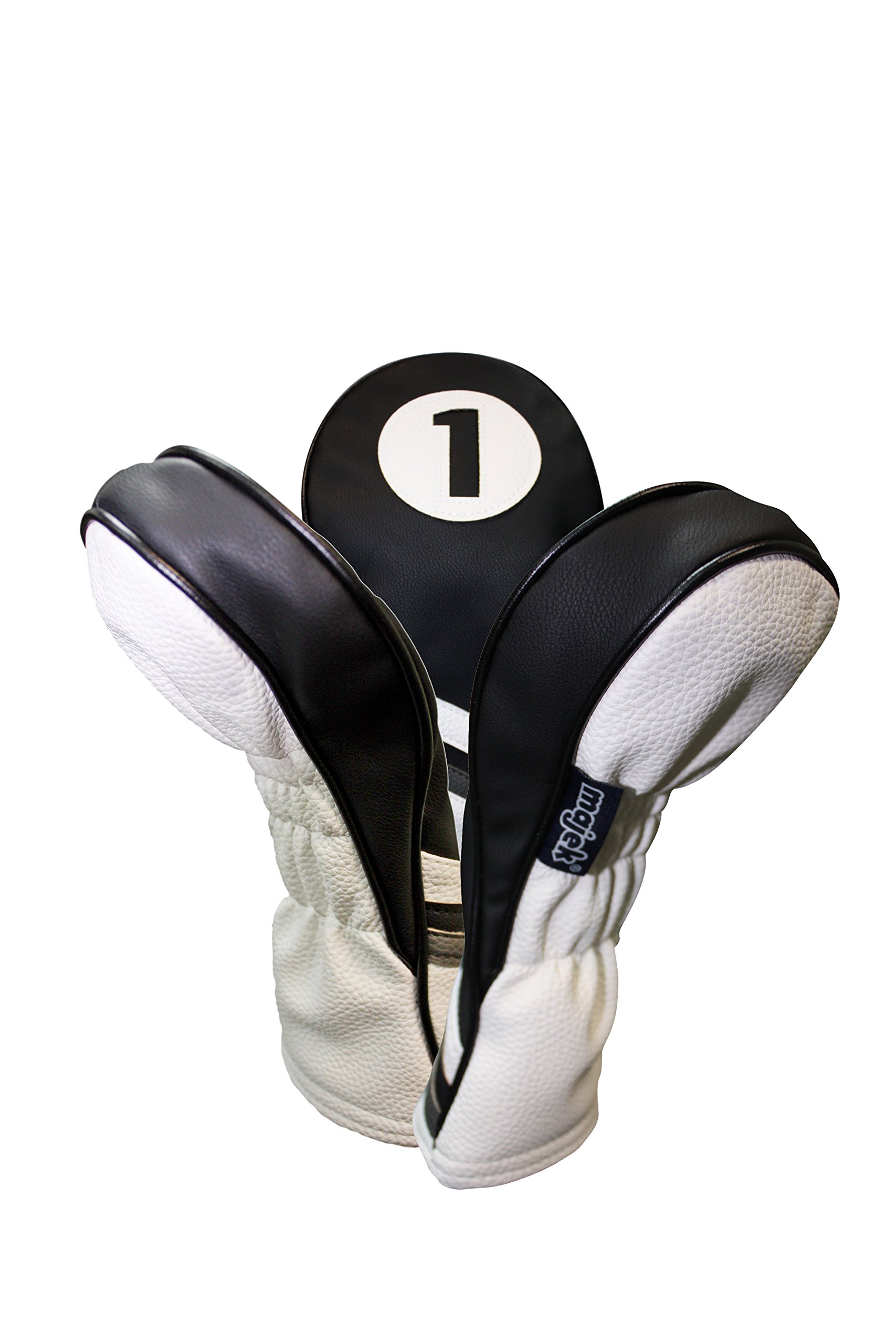 Majek Golf Headcovers Black and White Leather Style 1, 3, H Driver Hybrid and Fairway Head Covers Fits 460cc Drivers