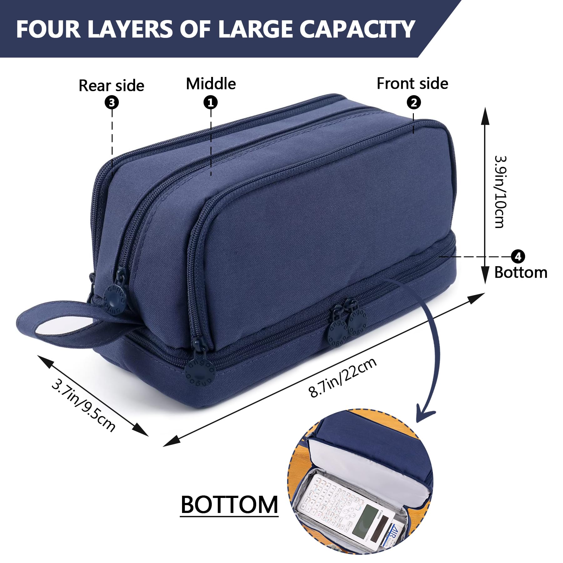 TZEKING School Pencil Case with 4 Compartments, Large Capacity, Blue, 22 x 9.5 x 10 cm - Image 2