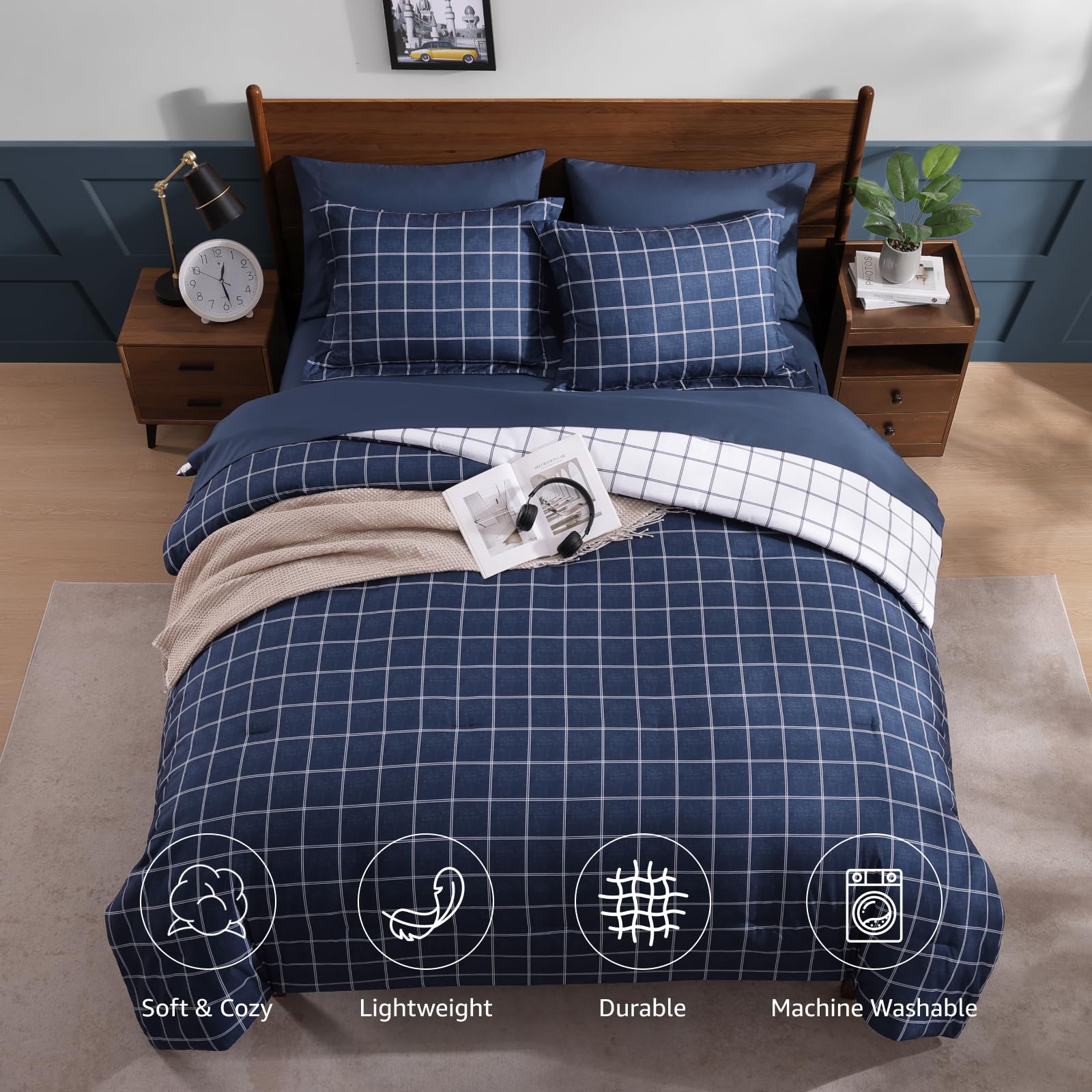 Plaid Queen Schmusetuch Set dunkelblau 7-teilig Wendebett in einer Tasche | Farmhouse Bettwäsche-Set, kariert, für Jungen, Mädchen, Teenager, mit Laken, Kissenbezügen und Kissenbezügen