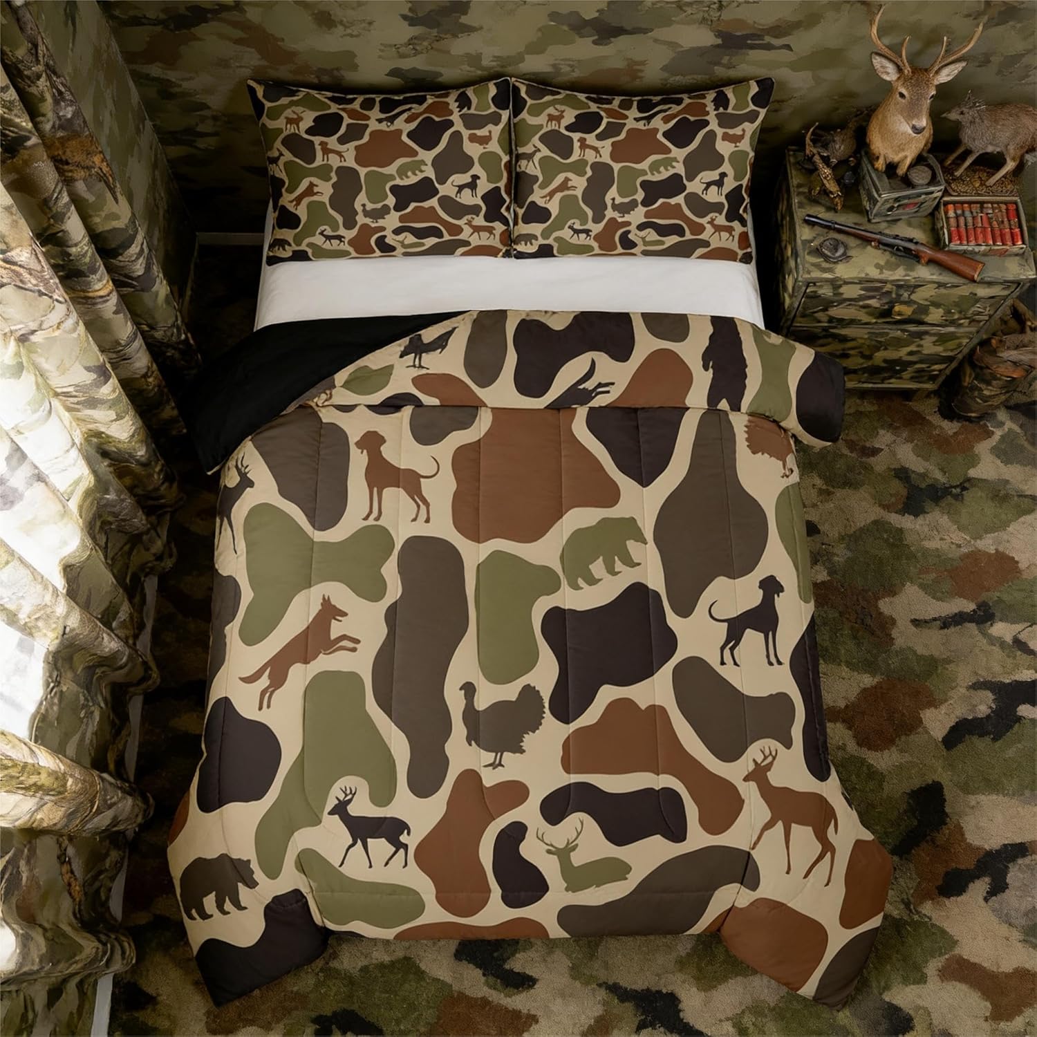 Erosebridal Deer Bear Comforter Set Twin Size Camo Bedding Set for Kids Boys Girls Hound Turkey Wolf Army Print Comforter Brown Farmhouse Camouflage Quilt Bedroom Decor