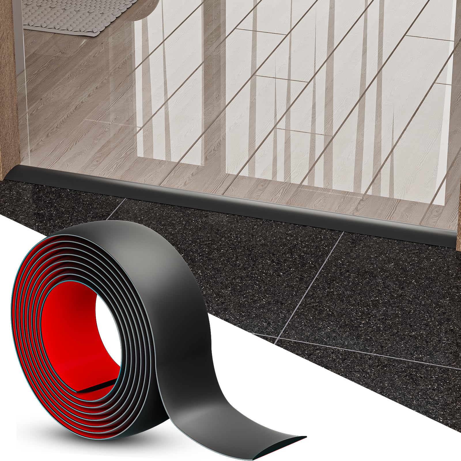 Floor Transition Strip - Self Adhesive Vinyl Flooring Trim for Carpet, Tile & Gaps, Threshold Cover Molding (4ft x 1.57in, Black)