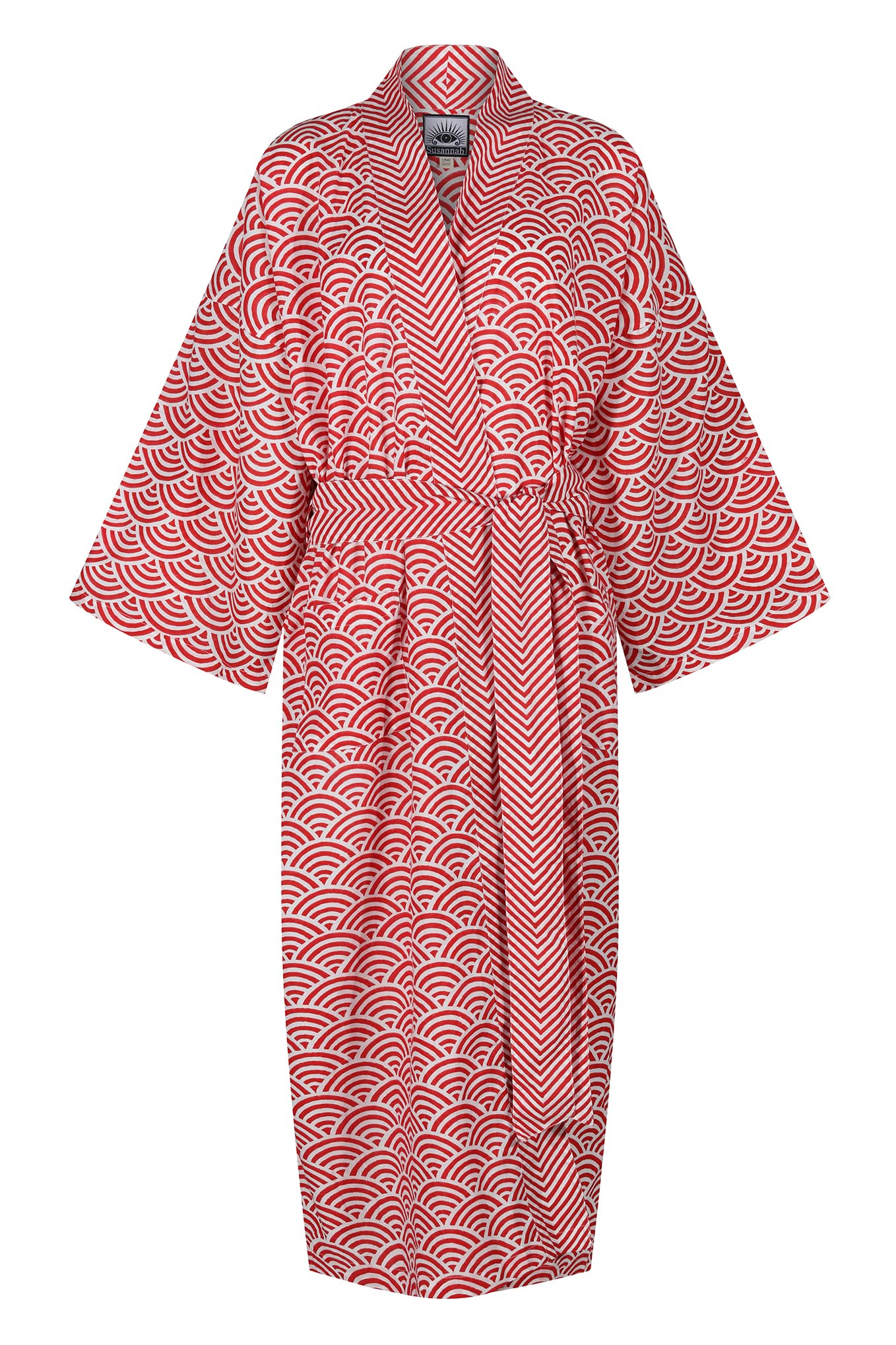 Susannah Cotton Women's Lightweight Cotton Dressing Gown - Kimono Robe 100% cotton: Rainbow Red. One Size UK 10-18 / Europe 38-46 - hand printed