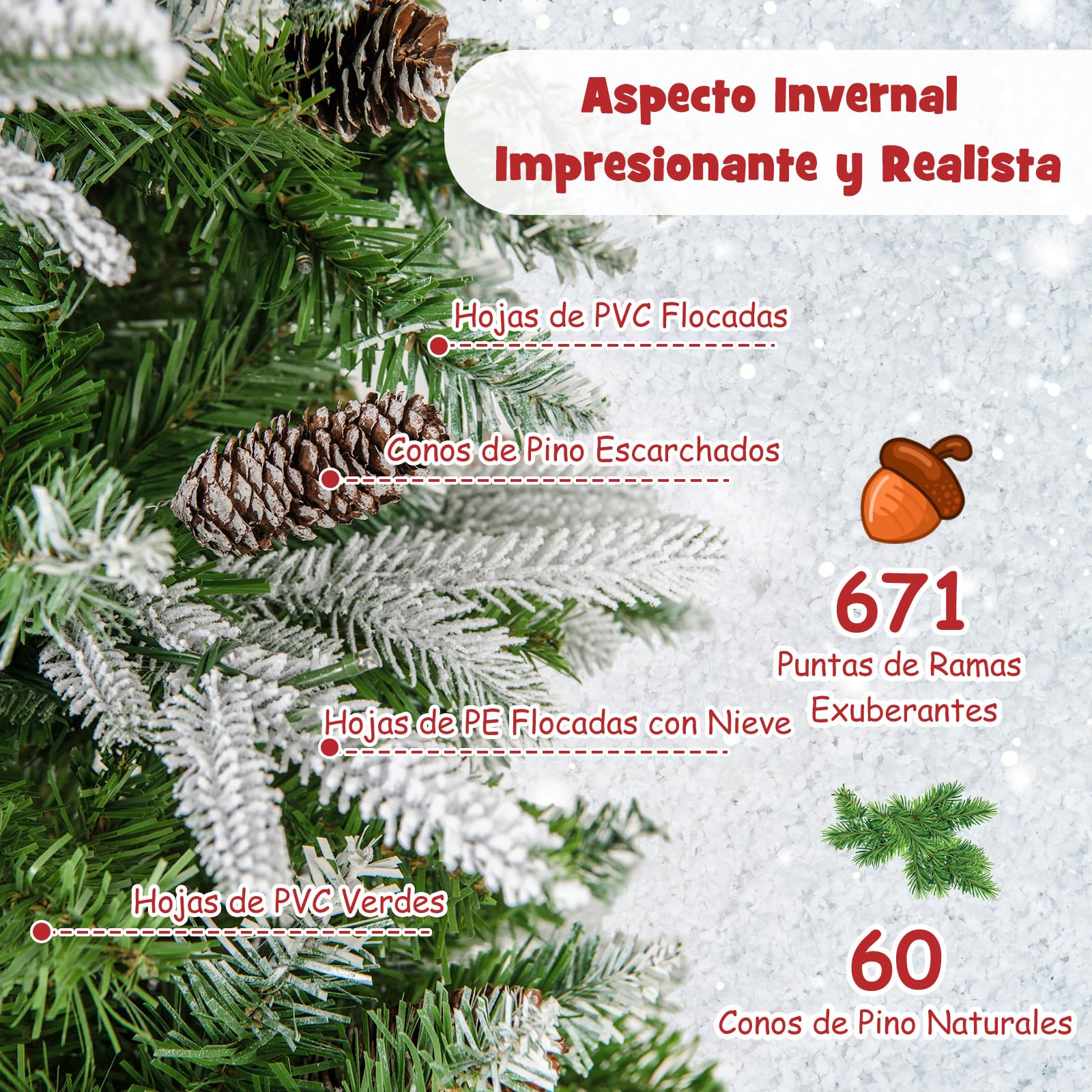 COSTWAY Arbol de Navidad Nevado 190 cm, 280 Luces Incorporadas, Arbol de Navidad Slim/Estrecho, 671 Ramas de PVC y PE, 60 Piñas, Arvore de Natal Hogar Oficina Fiesta (190cm)