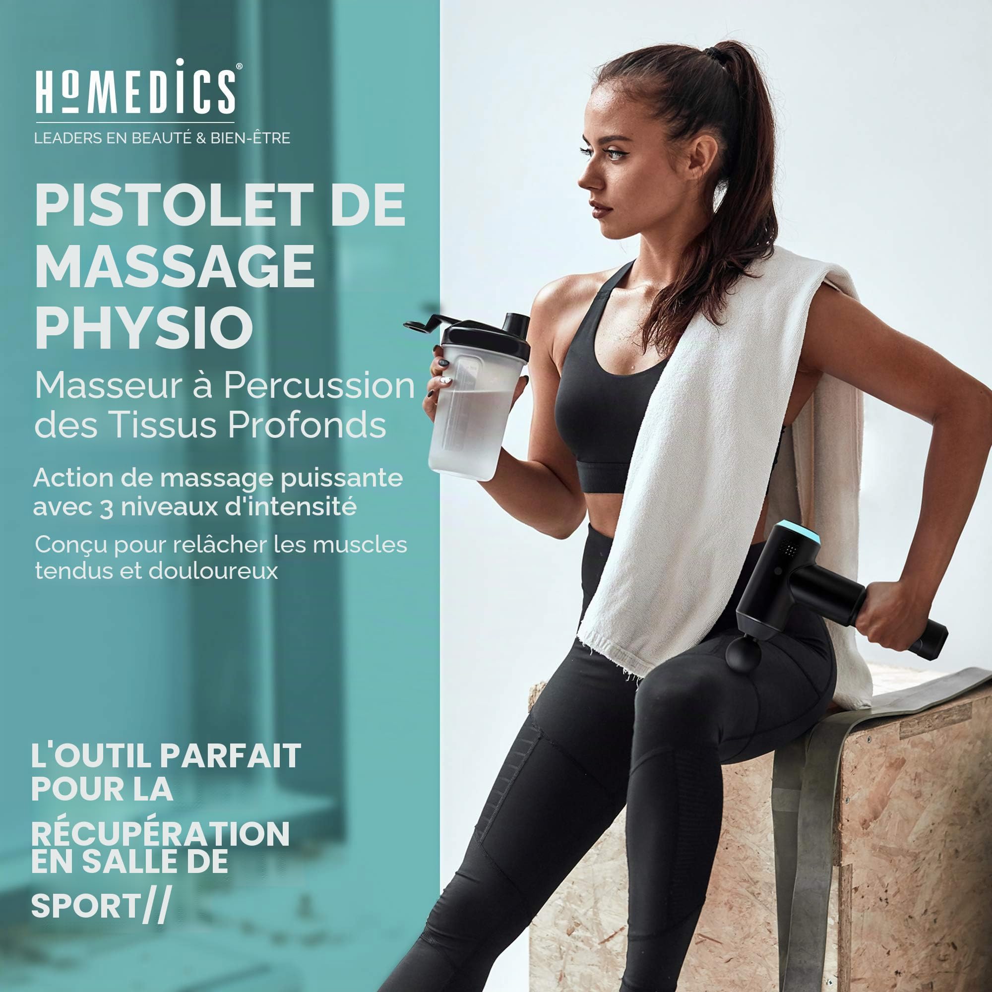 HoMedics Pistolet de Massage professionnel pour tissus profonds – 3 tètes et vitesses réglables - Idéal pour la récupération sportive, les courbatures et détendre les muscles – Noir