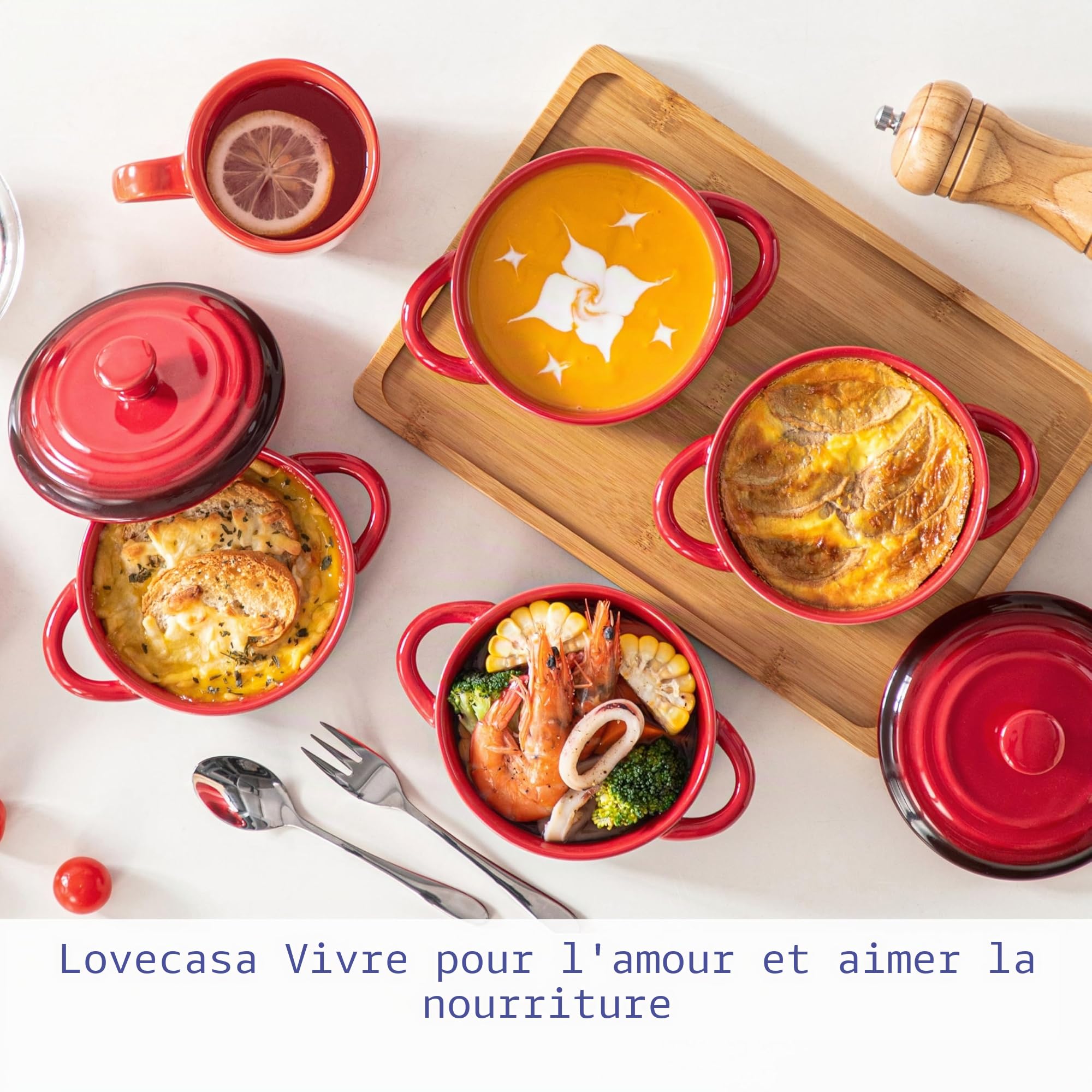 LOVECASA Mini Cocotte Individuelle en Grès pour four avec Couvercle - 4 X 380 ml Petite Cocottes Ronde Ramequin Crème Brûlée pour la Cuisson - Passe au Lave-vaisselle - Rouge Dégradé (Ø12.3 x H5.1 cm)