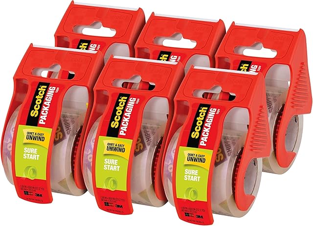 Scotch Sure Start Shipping Packaging Tape, 1.88" x 22.2 yd, Designed for Packing, Shipping and Mailing, Quiet Unwind, No Splitting or Tearing, 1.5" Core, Clear, 6 Dispensered Rolls (145-6)