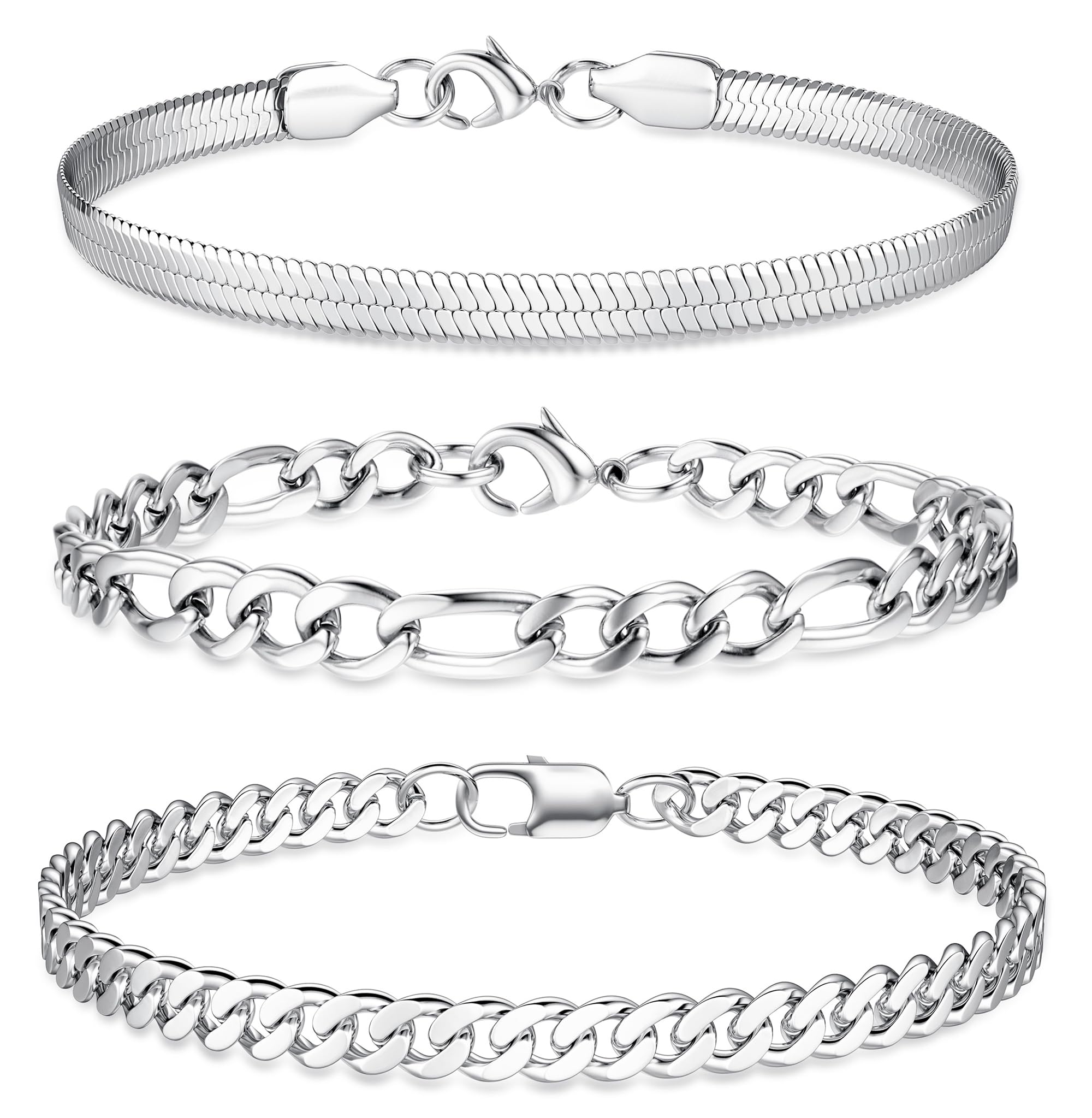 JeweBella 3 Piezas Pulsera Hombre Acero Inoxidable Plata Oro Pulseras Cadena Figaro Herringbone Apilable Robusto Duradero Regalos Joyería para Papá Esposo Hijo Regalo Aniversario Hombre 19/21/23CM