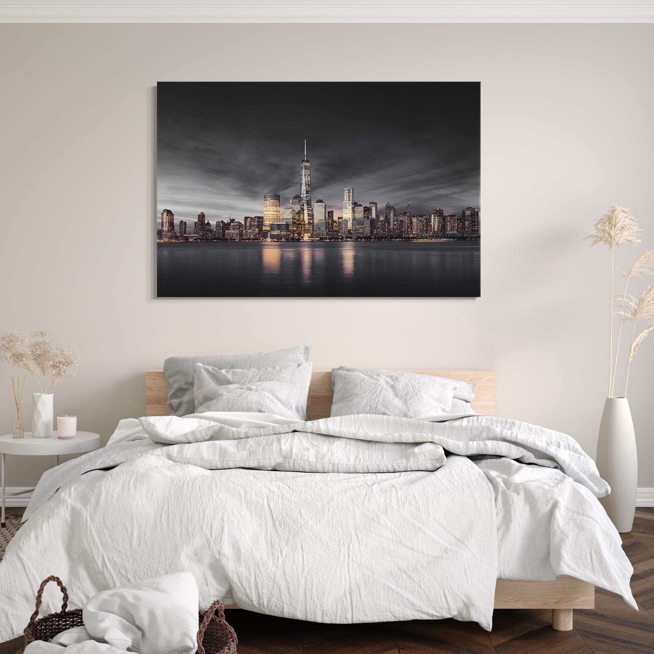 Printistico Impression sur toile (100x70 cm) Horizon de New York avec gratte-ciel, photographie USA - Amérique, cadre en bois véritable avec crochet,