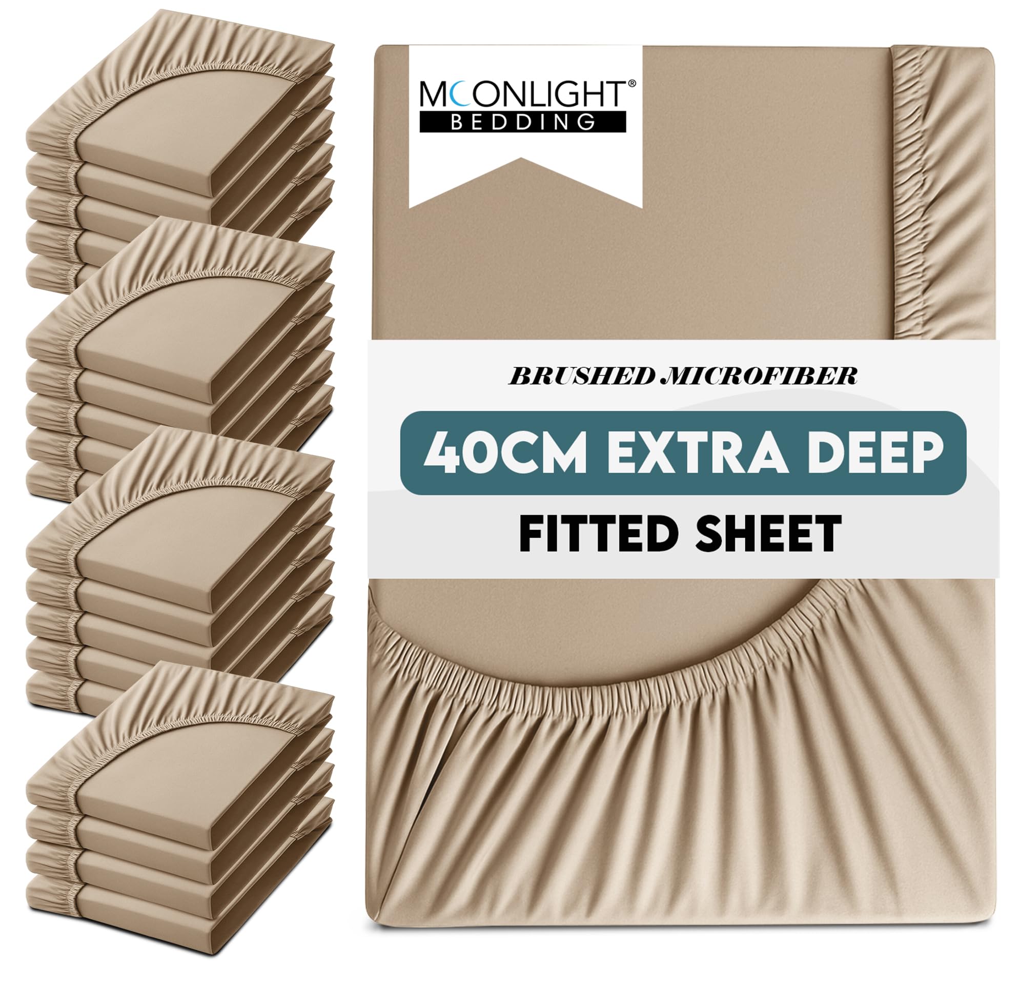 Moonlight Bedding Single Fitted Sheet 20 Pack 40 Cm Extra Deep Pocket Beige Bed Sheets 16 Inch Ultra Soft Bottom Sheet Brushed Microfiber Breathable Shrinkage Fade Resistant