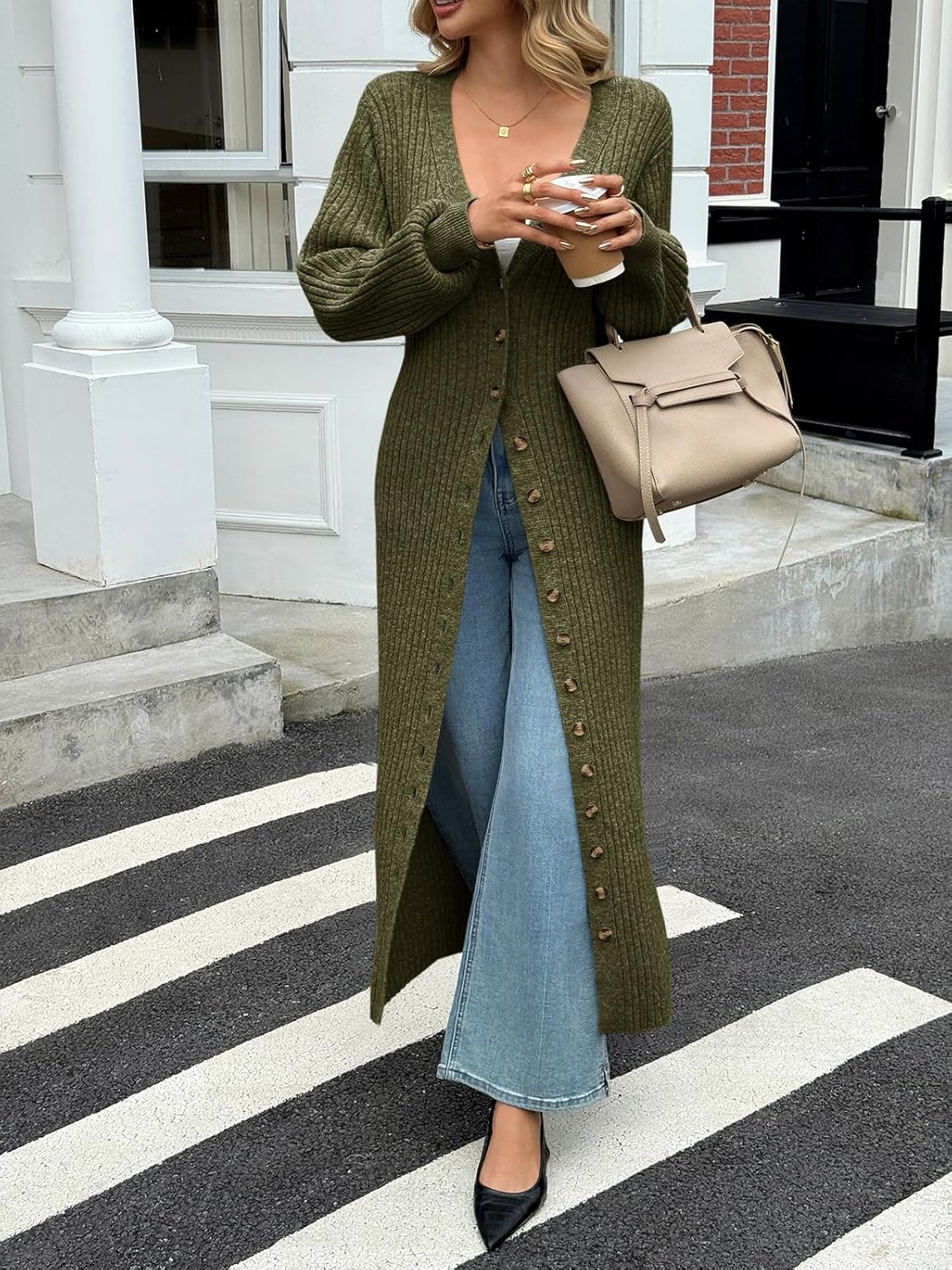 Saodimallsu Womens Long Cardigans V Neck Button Down Chunky Knit Dusters Sweater Coat Fall Trendy Maxi Sweater Dress - Image 2