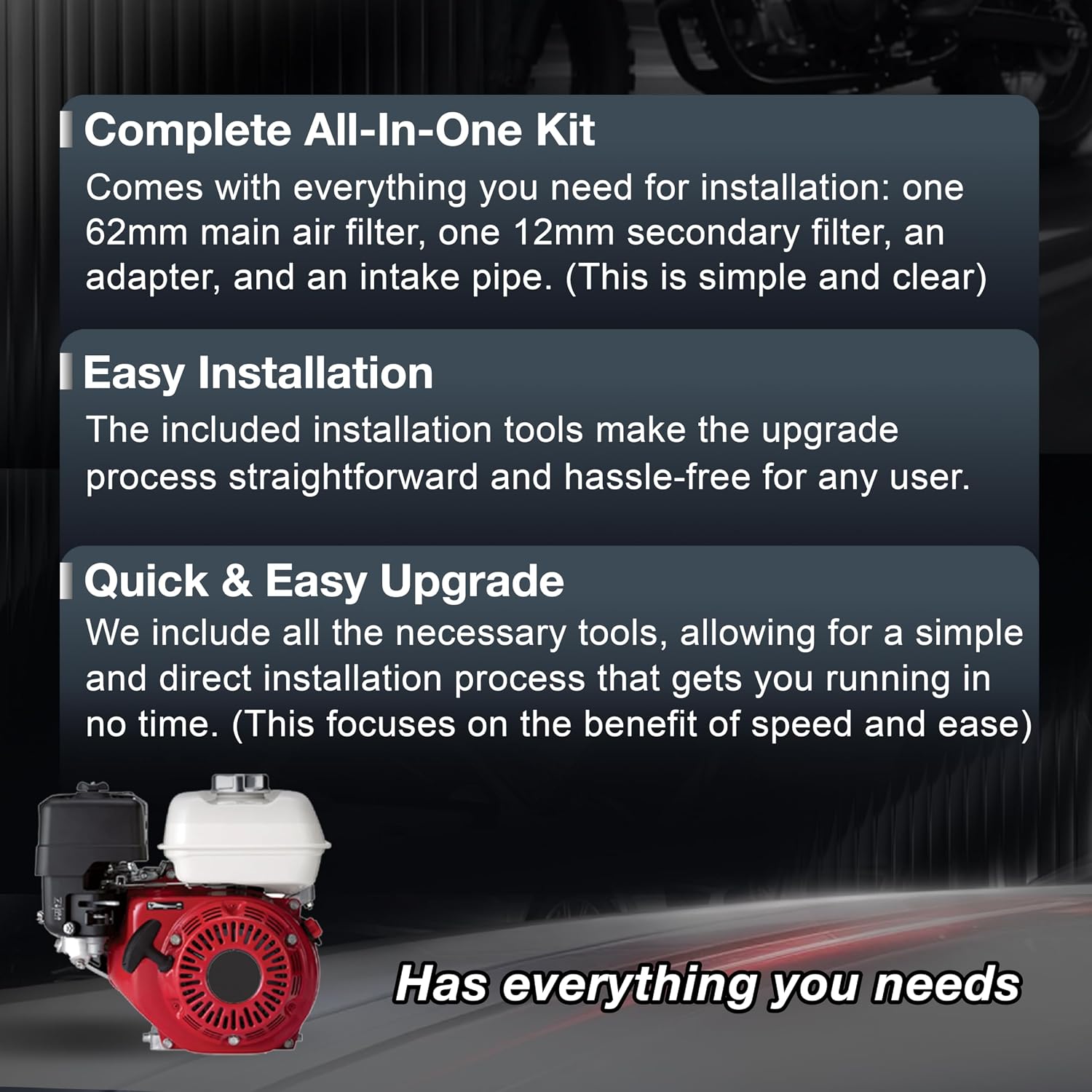 62mm Air Filter&12mm Air Filter Kit fit for Predator 212cc 196cc for honda GX160 GX200 for Coleman CT200U CT200U-EX KT196 6.5Hp Engine Mini Bike Go Kart Black