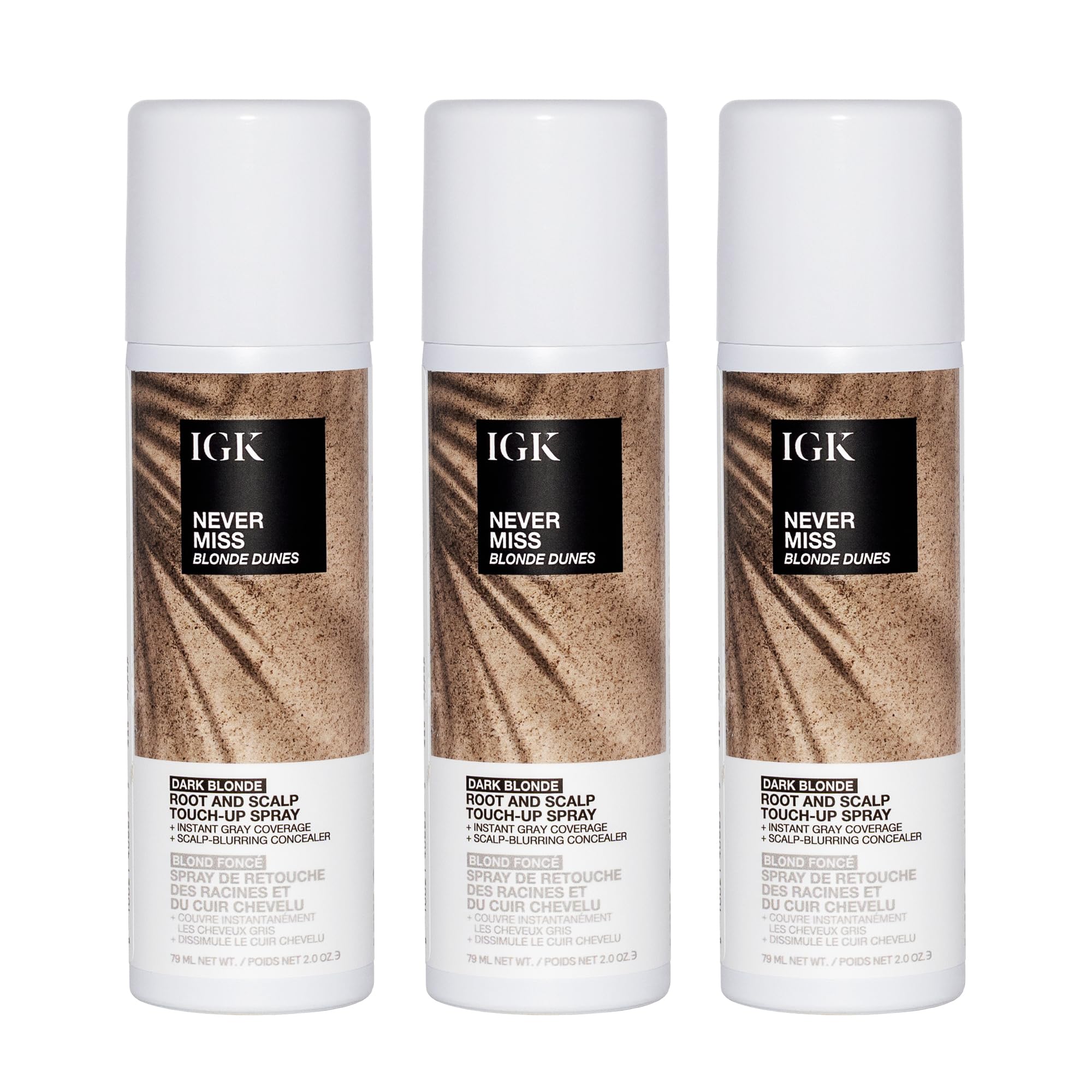 IGK NEVER MISS Root & Scalp Touch-Up Spray, Dark Blonde, Temporary Gray Coverage & Thinning Concealer, All Hair Types, (3 Pack)