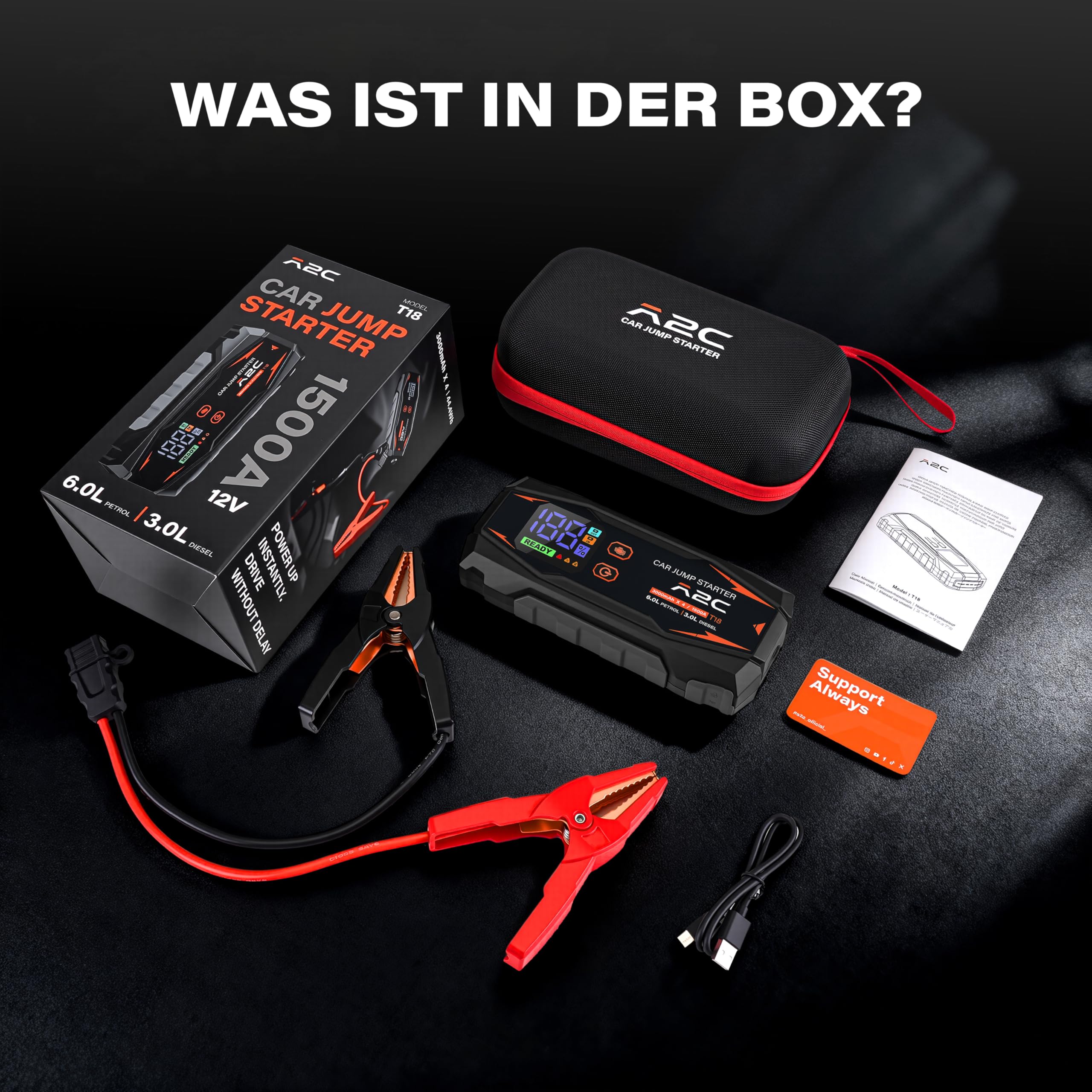 A2C Starthilfe Powerbank, 12V starthilfe powerbank für pkw(bis zu 6L Benzin/3L Diesel), 16800mAh Power Bank(PD/QC 3.0) mit 3 USB, Auto starthilfe mit Starthilfekabel, Mit LED-Anzeige und Licht | 3 USB-C-Anschlüsse, Schnellladung PD/QC 3.0, LED-Display, in