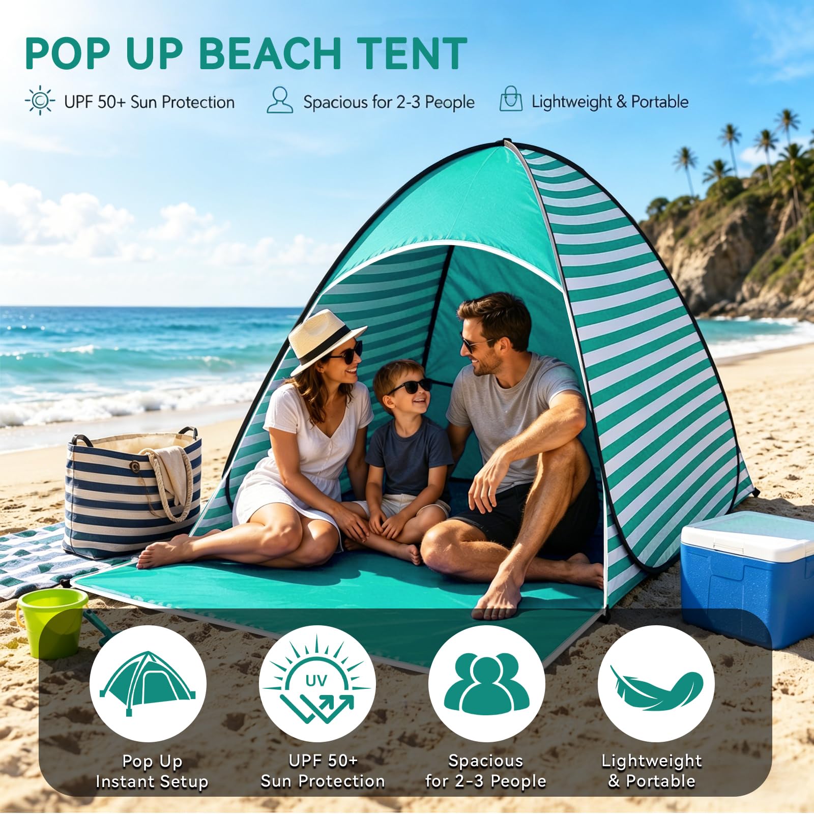 Tenda da Campeggio e Spiaggia Pop-up, Tenda da Spiaggia Portatile, Protezione UV 50+, per 2-3 Persone, con Picchetti, Ideale per Campeggio in Famiglia, Picnic e Spiaggia