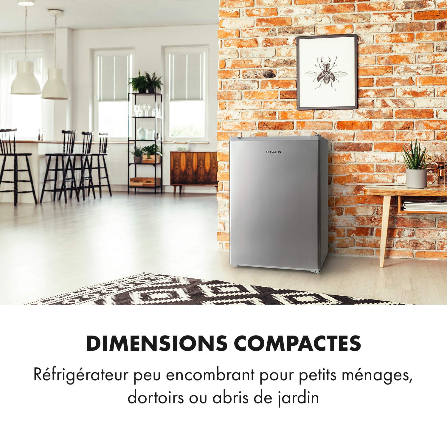 KLARSTEIN Delaware - Réfrigérateur compact, Capacité: 76 L, Congélateur: 4L, 2 niveaux de rangement, Range-boissons, Econome, Thermostat à 5 niveaux, Pieds réglables - Argent