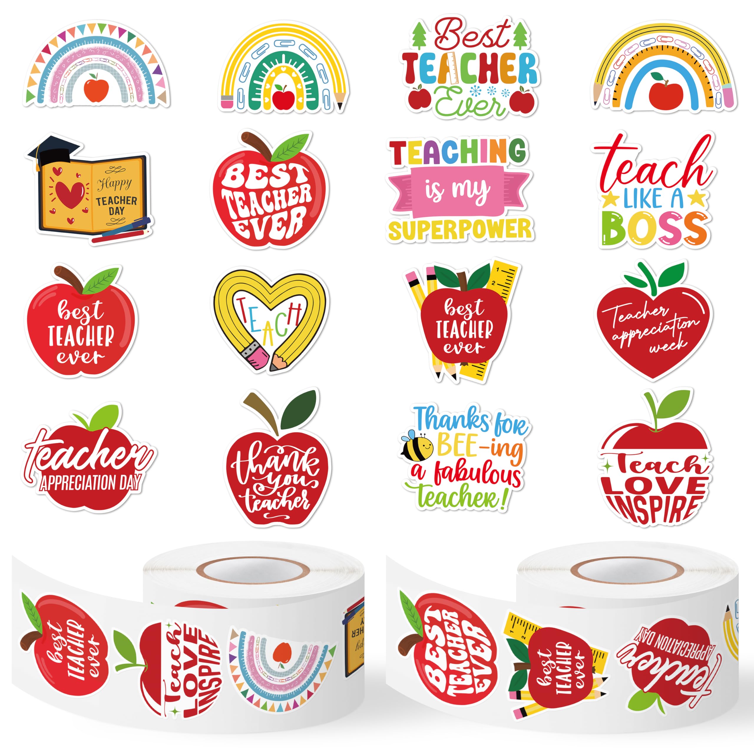 Teacher Appreciation Week Stickers - 1000 Pcs Happy Teachers' Day Waterproof Vinyl Reusable Laptop Stickers Coloring Book Scrapbook Water Bottle Page Activity Pad Party Favors Kids Skateboard