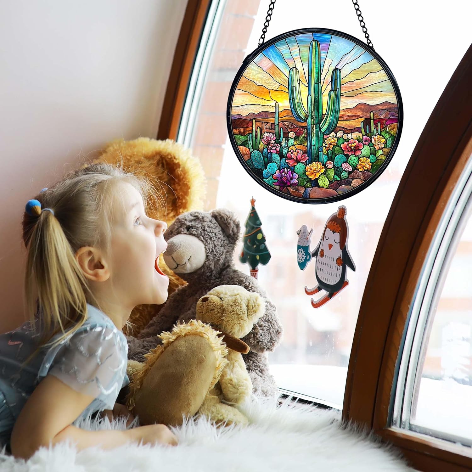 TNUW Western Cactus Stained Glass Window Hanging, Southwestern Desert Cactus Landscape Sun Catchers Indoor Window Glass Round Wall Art Decor, Western Wall Hanging Decorations, 7.9＂x7.9＂Suncatchers