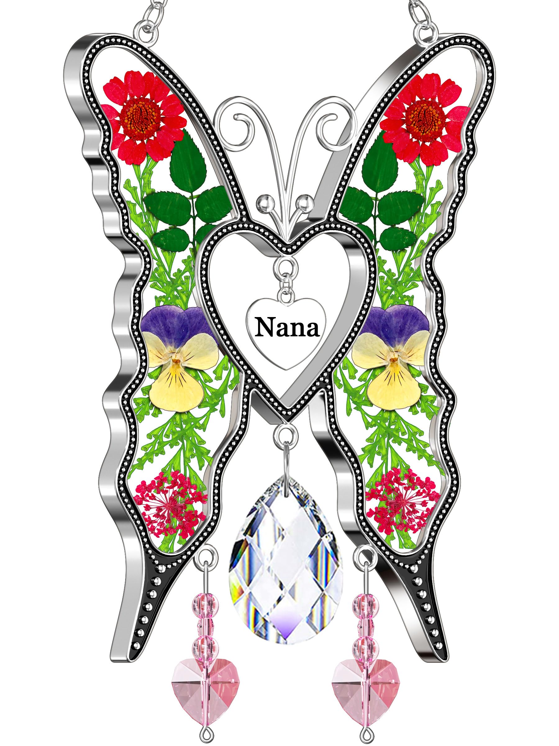 KY&BOSAM Heart Butterfly Suncatchers Nana Stained Glass Panels Crystal for Windows Wind Chime with Pressed Flower Heart Embedded in Glass Nana Gifts- Gifts for Mother`s Day Birthday Christmas
