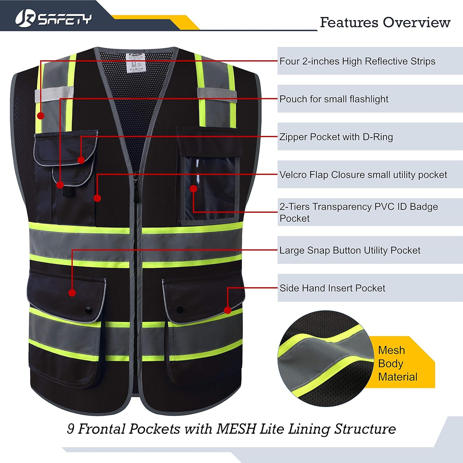 JKSafety 9 Pockets Class 2 Security Hi-Vis HQ Mesh Lite Hi-Vis Zipper Front Safety Vest | Neon Color Body with Retro-Reflective Strips | Comply ANSI/ISEA Safety Standards (200-Security-Yellow, L) - - 