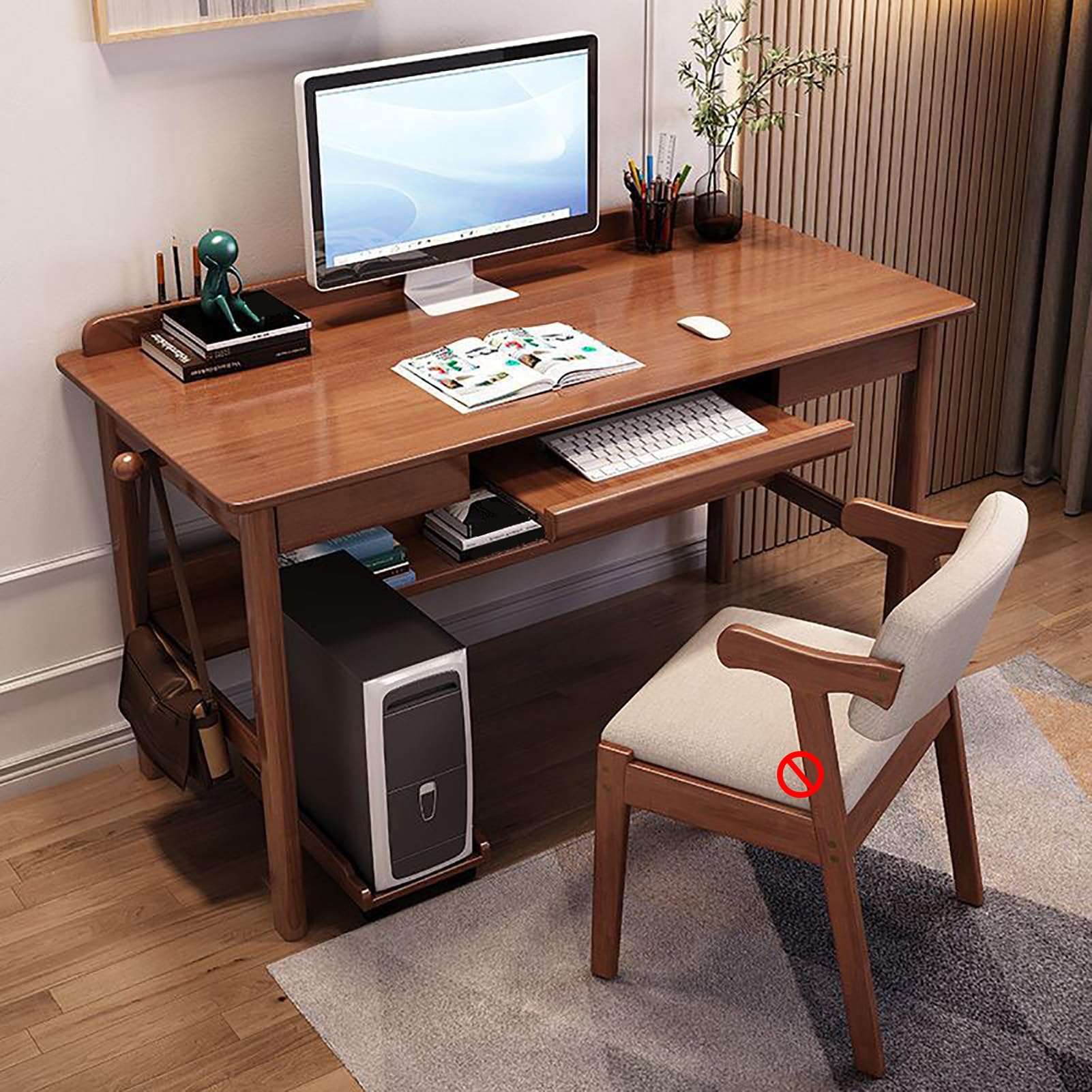 Biurko z litego drewna z półką na klawiaturę, regał komputerowy w stylu Mid-Century-Modern, stół do pracy w małych pomieszczeniach w domowym biurze (90 x 60 x 75 cm (35 x 24 x 30 cali),