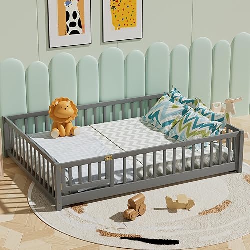 Miniatura 20 de Marco de cama Montessori de madera de tamaño individual con listones de madera, valla y puerta para niños, niñas y niños, espresso (con listones de