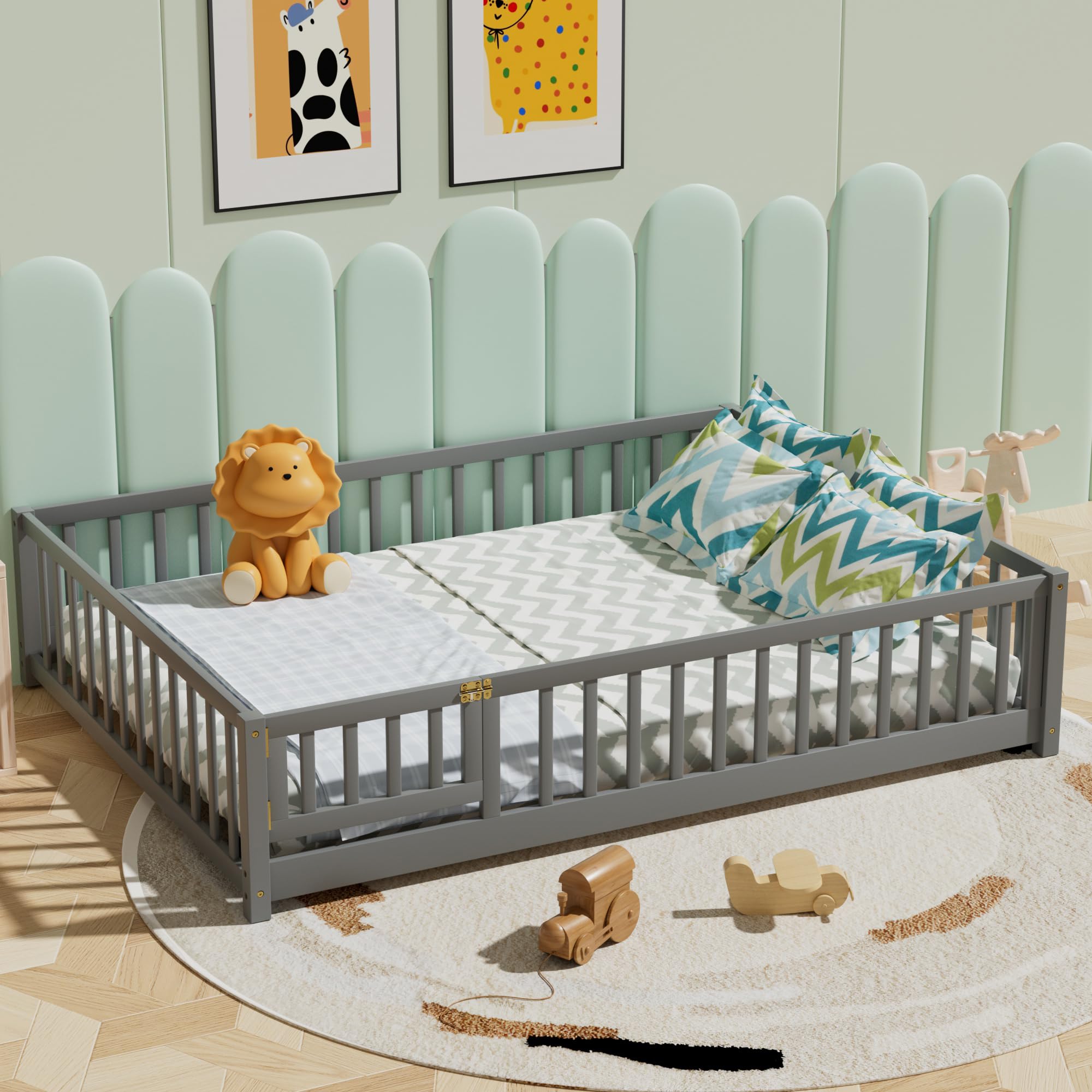 i-POOK Full Floor Bed for Children, Sturdy Wood Montessori Bed Frame with Wood Slats, Fence & Door for Girls and Boys, Gray (with Bed Slats)