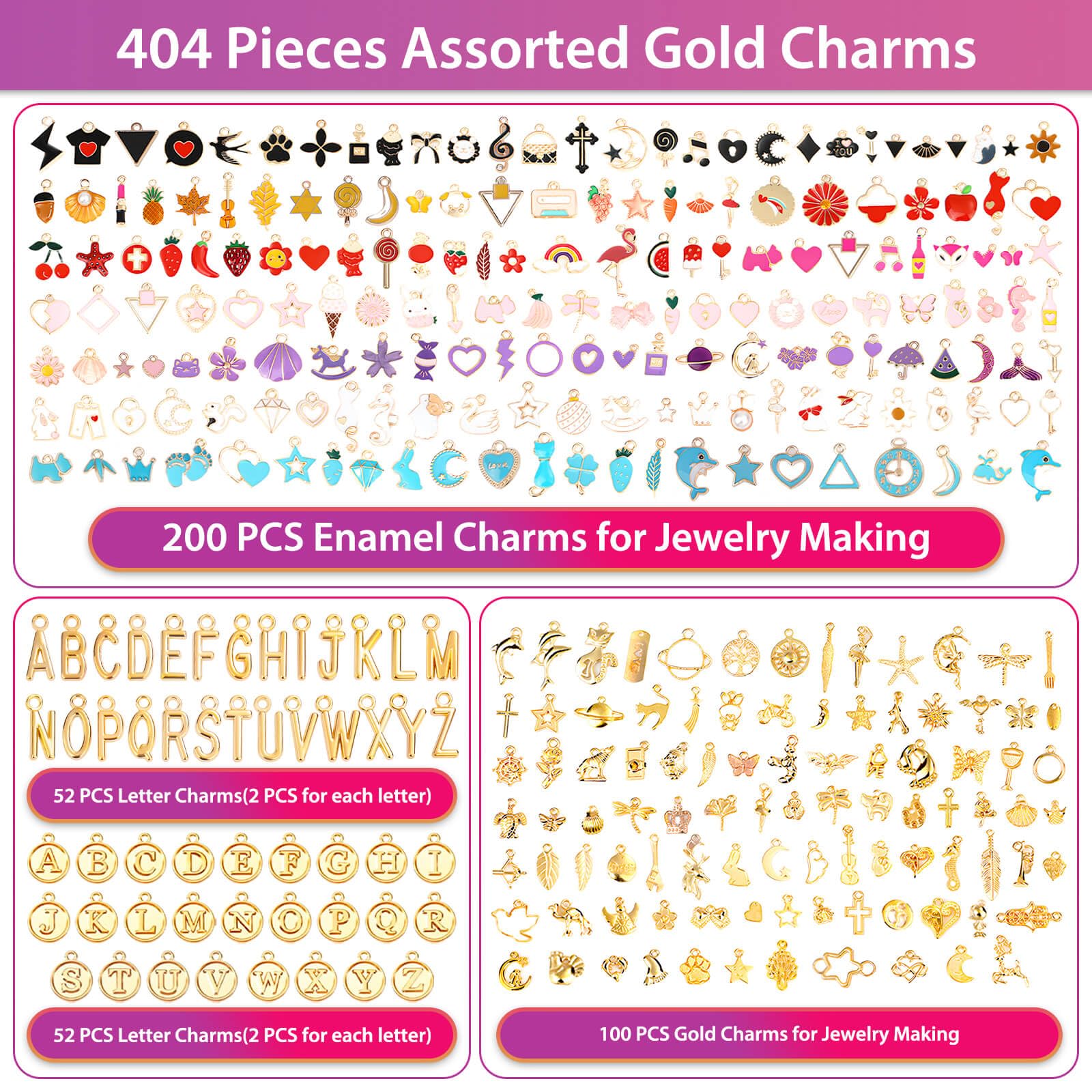 404 dijes dorados para hacer joyas, pulseras surtidas, dijes de letras para hacer joyas, collares, pulseras, llaveros y manualidades 2