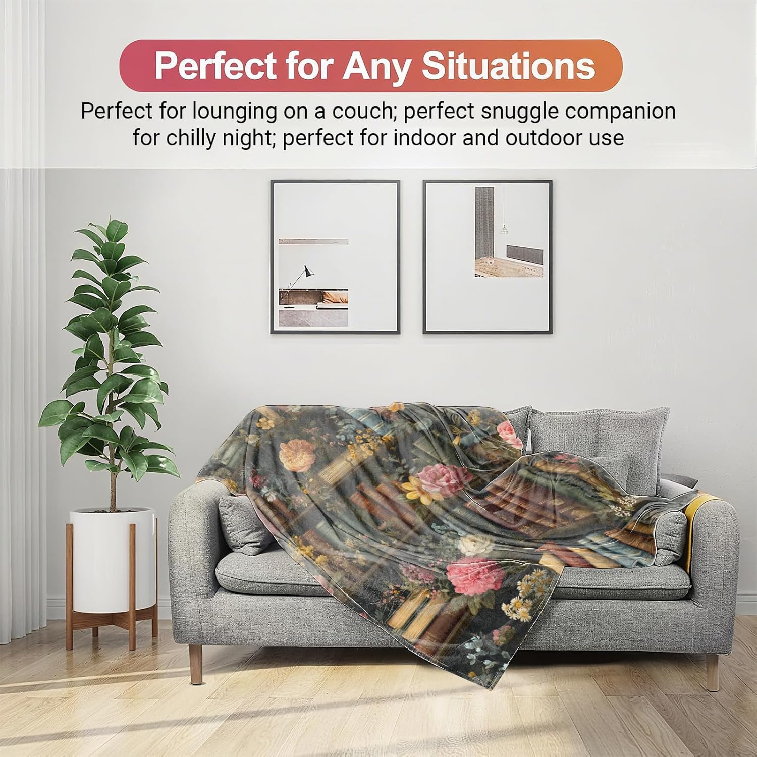 Floral Bookshelf Throw Blanket Soft Lightweight, Retro Book Blankets for Bedroom Living Room Sofa Office, Vintage Classic Flower Cozy Throws, Home Accent and Women Girls Gifts, 60 X 80 Inch