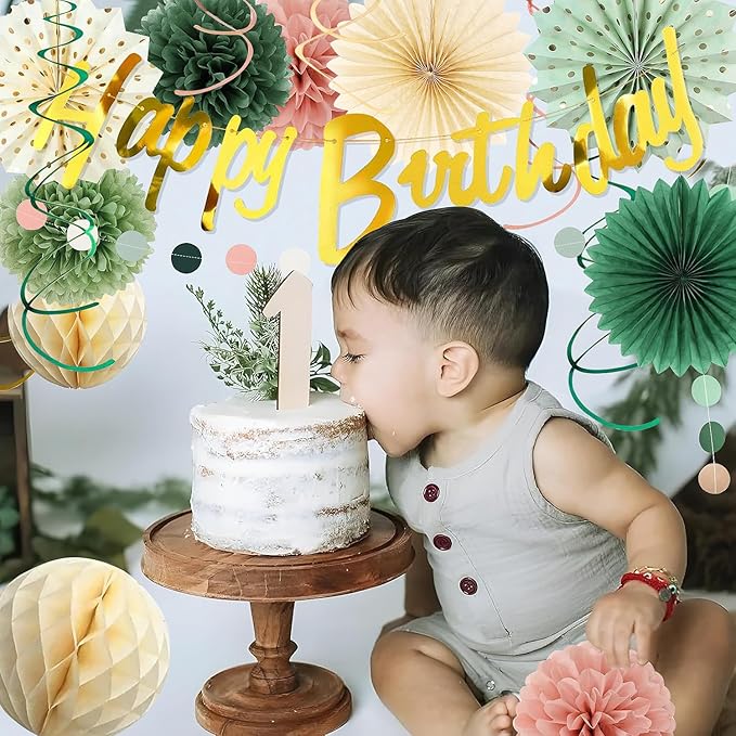 Kit Decoración Fiesta Verde Salvia y Rosa Dorado Banderín Gu miniatura 2