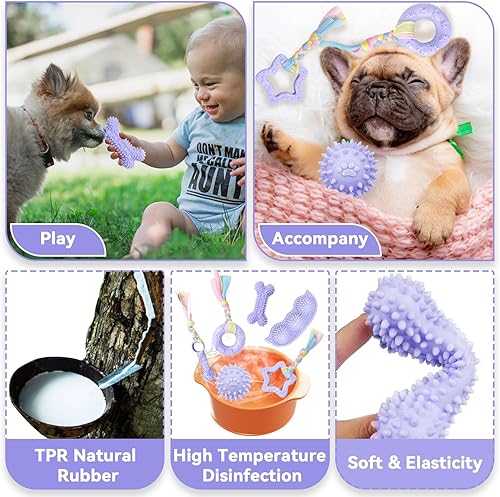 Miniatura 4 de Petcare Paquete de 6 juguetes de dentición para cachorros, lindos juguetes morados morados para cachorros de 0 a 6 meses, cuerda de goma suave,