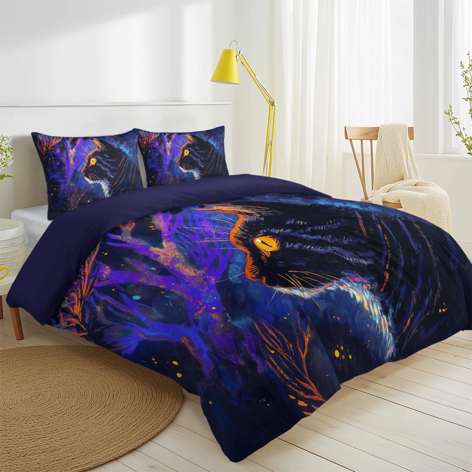 Generisch Fantasy komplet pościeli z motywem kota, lasu, motywem gwiazdek, 155 x 220 cm, 3-częściowy zestaw dekoracyjny, poszewka na kołdrę z mikrofibry, poszewka na kołdrę z 2 poszewkami na poduszkę