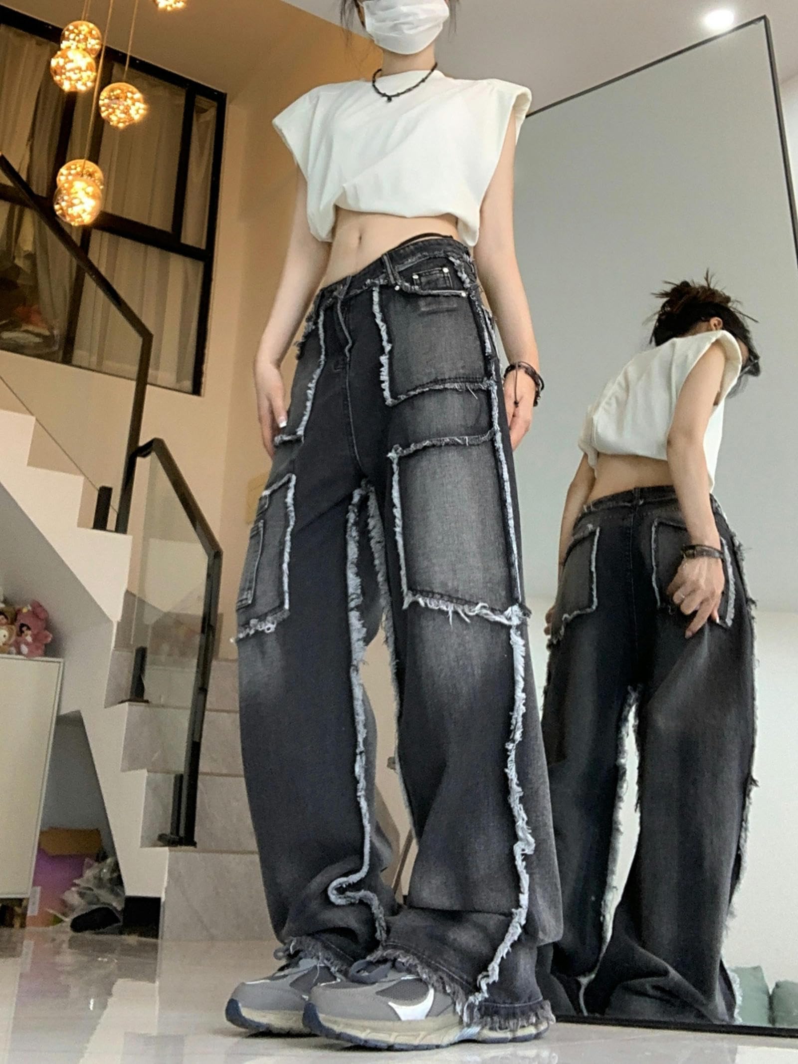 Pantaloni Cargo retrò per Donna Autunno Nuovi Pantaloni Jeans Casual a Vita Alta per Donna Moda Coreana Pantaloni Neri Jeans Donna-Nero Grigio-M