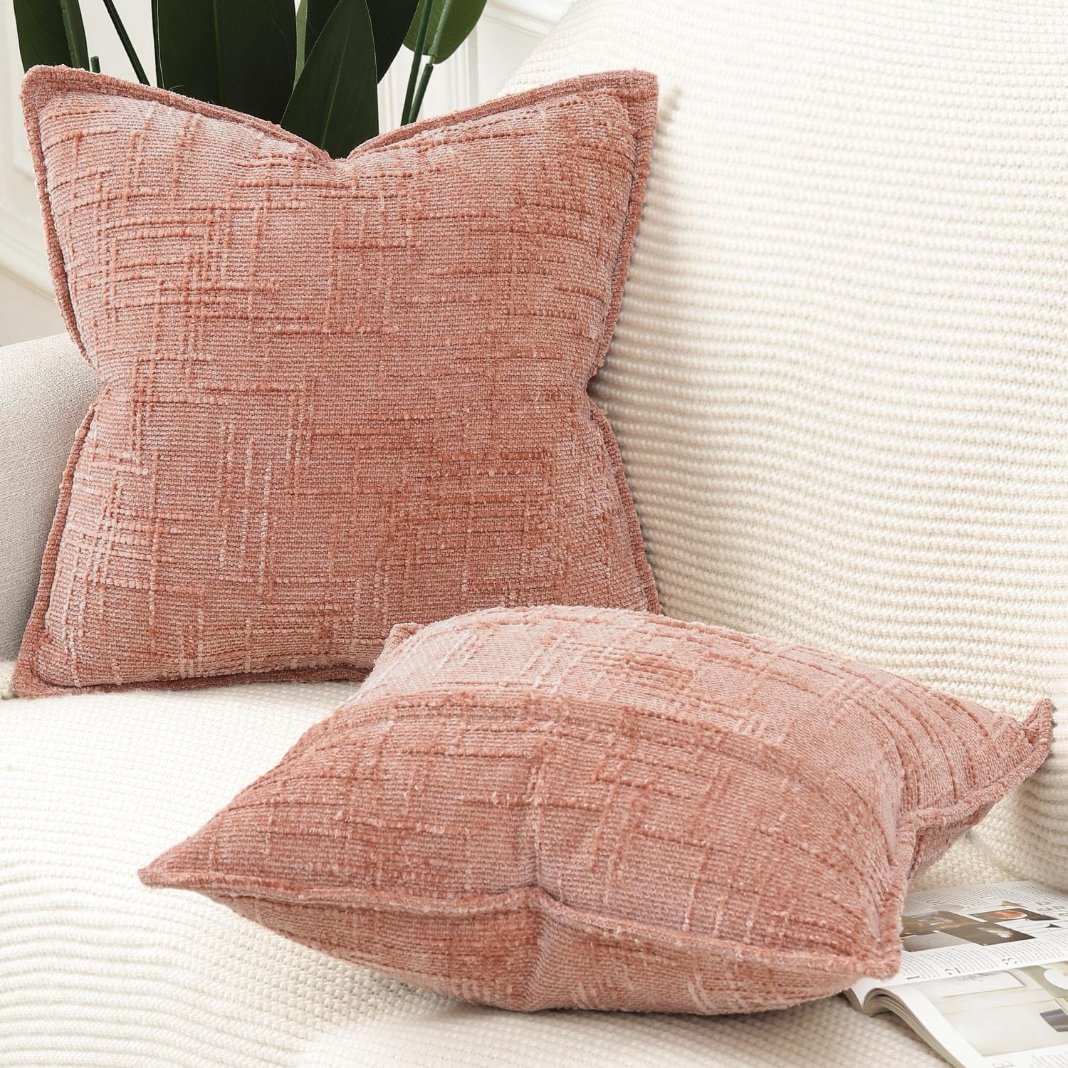 Madizz Decorative Chenille Cushion Covers 45x45 cm Pink Pack of 2 Throw Pillows for Couch Sofa Boho Accent Pillow Cases for Bed Cushion for Bedroom Living Room Modern Home Decor - Image 2