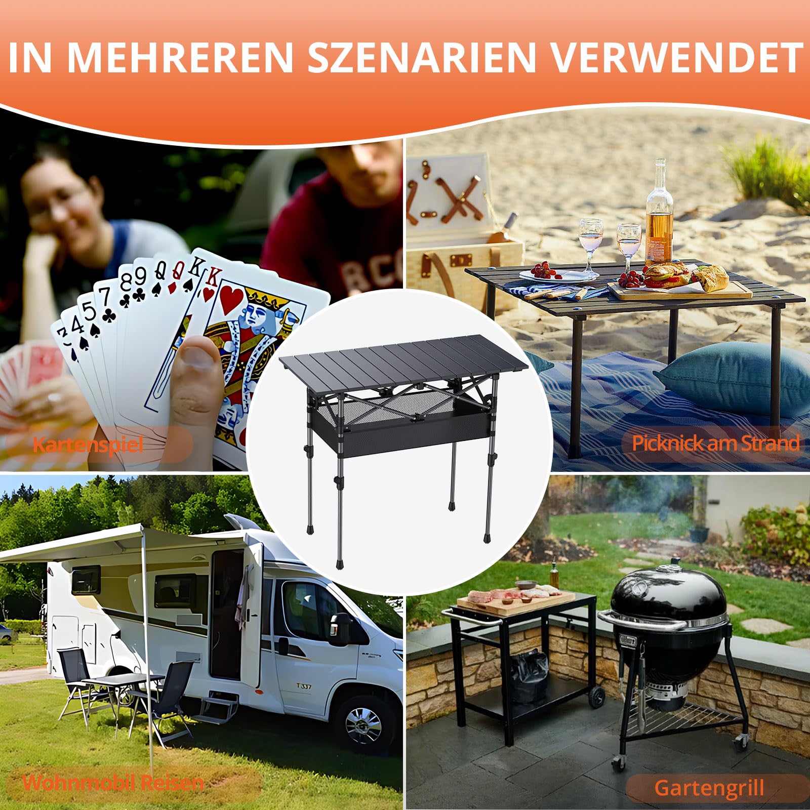 FUNYKICH Campingtisch Klappbar 82 x 40cm, Klapptisch mit 2 Höhenverstellbar(44/70cm), Einfache Montage, Tragbar Falttisch mit Netztasche Aluminium Aufrollbare Tischplatte für BBQ Camping Party Garten