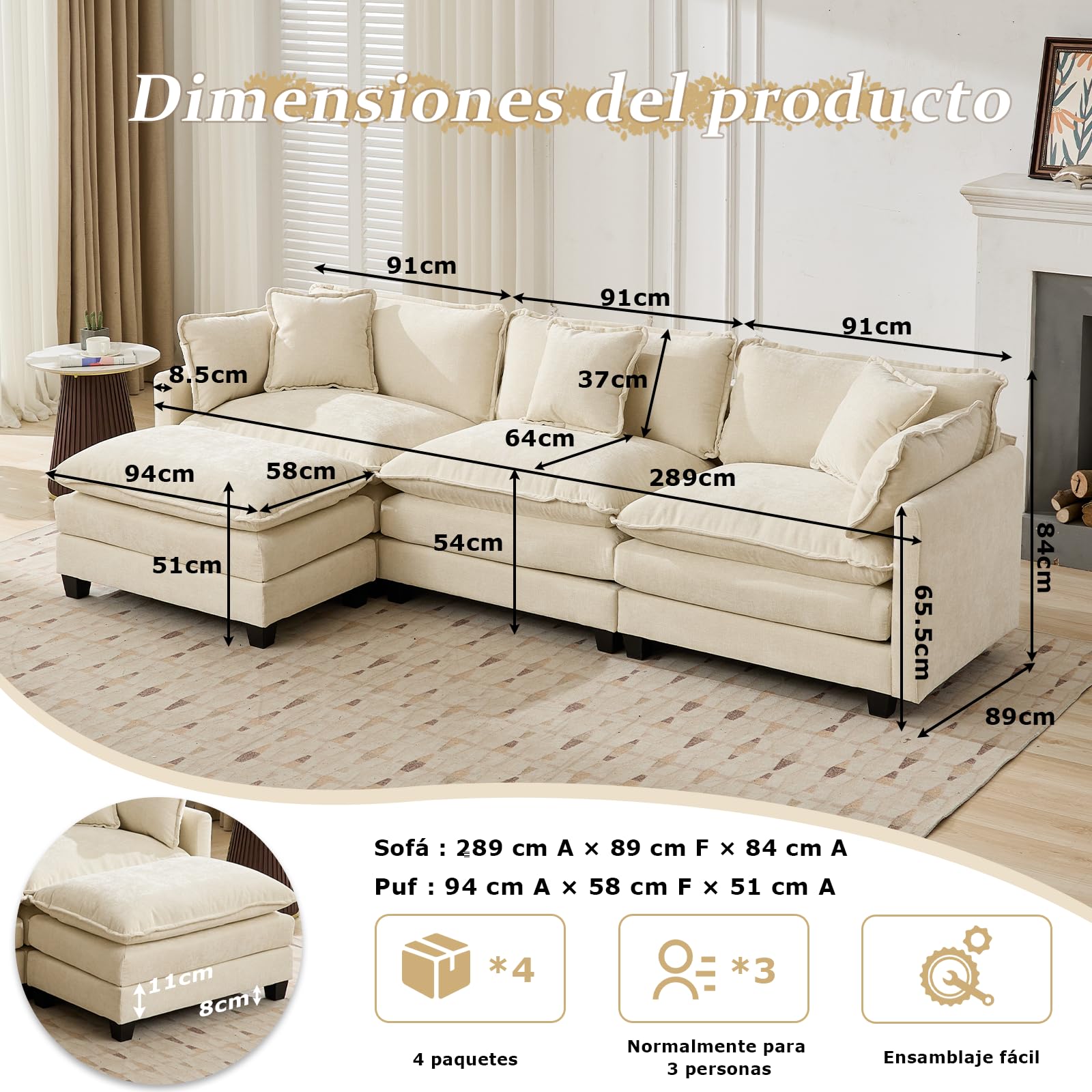 SoarFlash Sofá Moderno con reposabrazos, Tejido Chenilla, Cojines de Doble Relleno, Ideal para salón/Dormitorio/apartamento, sofá de 3 plazas en Forma L, Color Beige