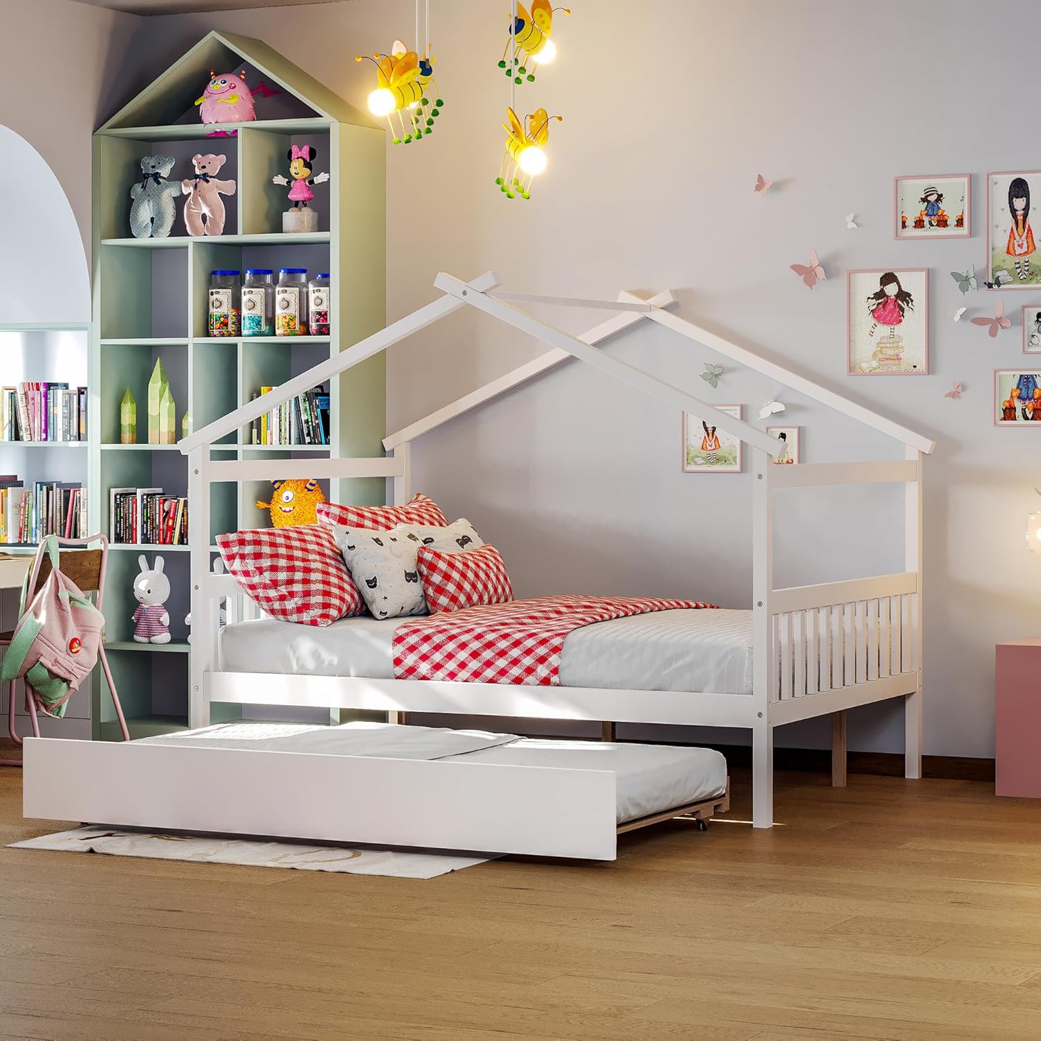 Incomplete House Bed Full Size with Trundle, Wood Montessori House Bed Frame with Headboard & Footboard, House Shape Roof and Safety Guardrail for Kids, Teens, Boys or Girls, White White Full House Bed with Trundle