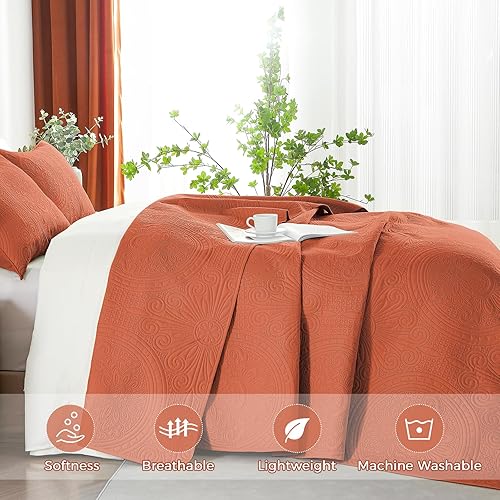 Miniatura 4 de WURUIBO Juego de edredón tamaño matrimonialqueen, color naranja quemado, colcha ultrasónica en relieve, colcha de microfibra ligera, juego de ropa