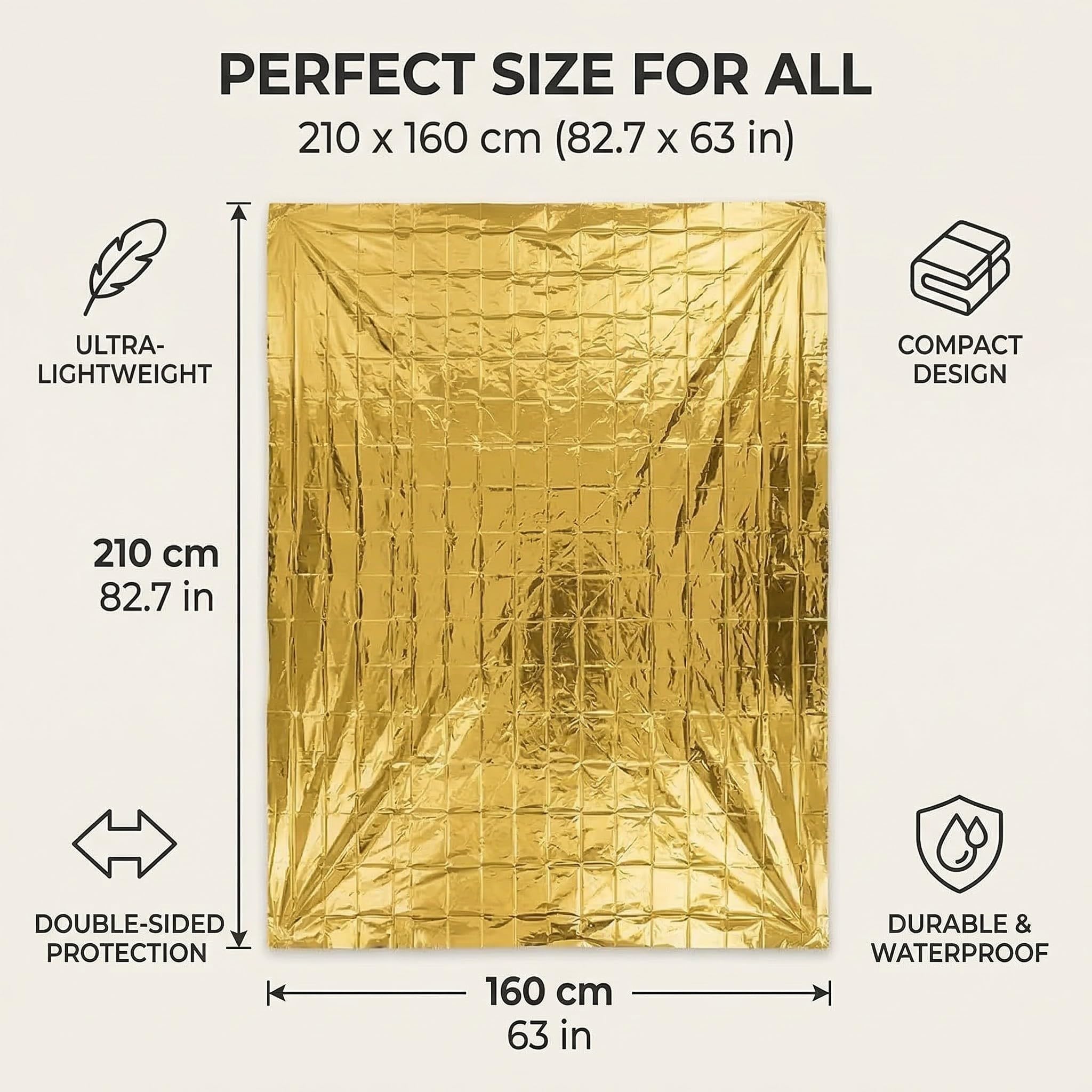 Manta Térmica Supervivencia 2 Piezas 210x160cm Doble Cara Dorada Plateada Emergencia Rescate